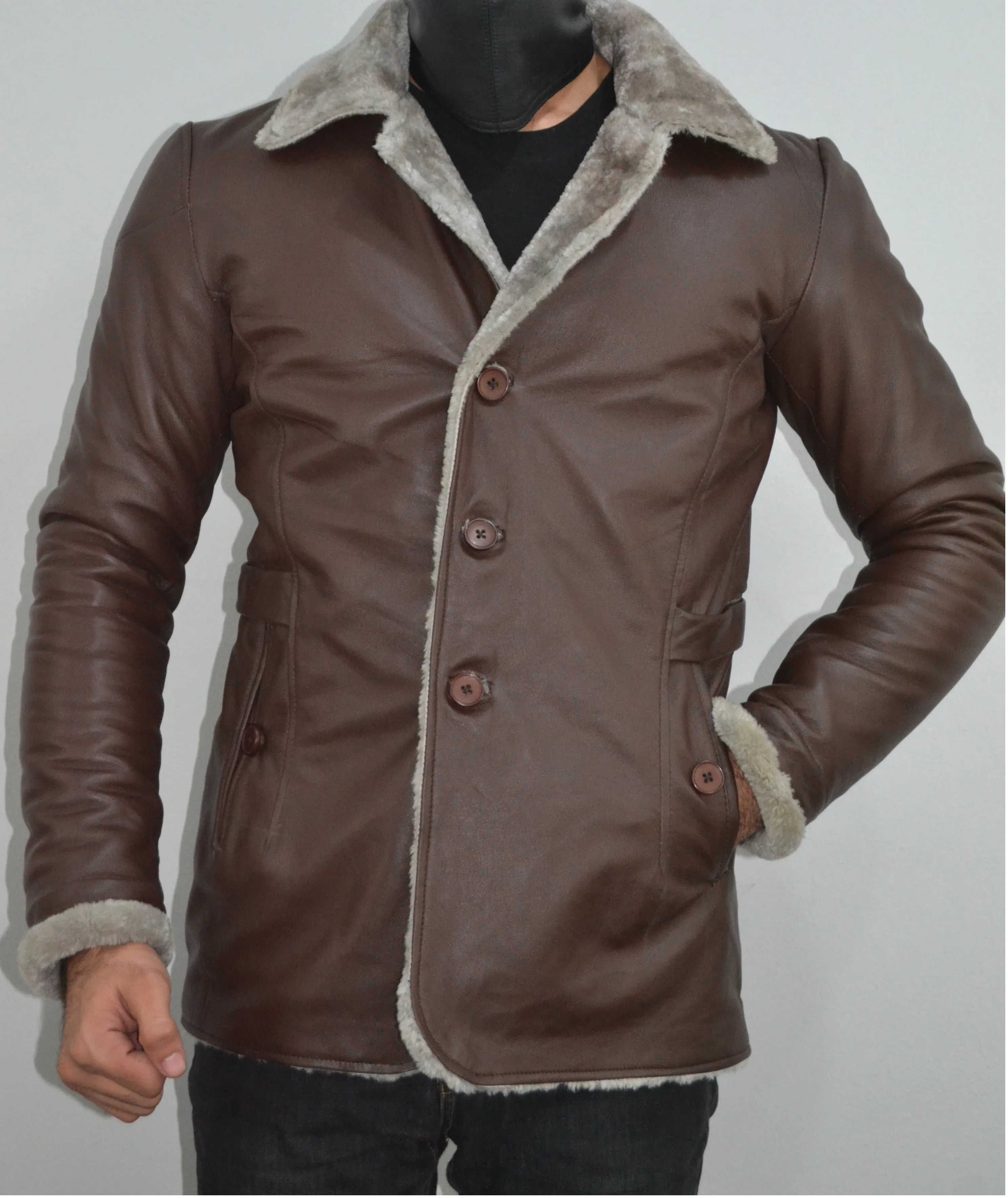 Men's Brown Fur Collar Slim Fit Leather Blazer Jacket