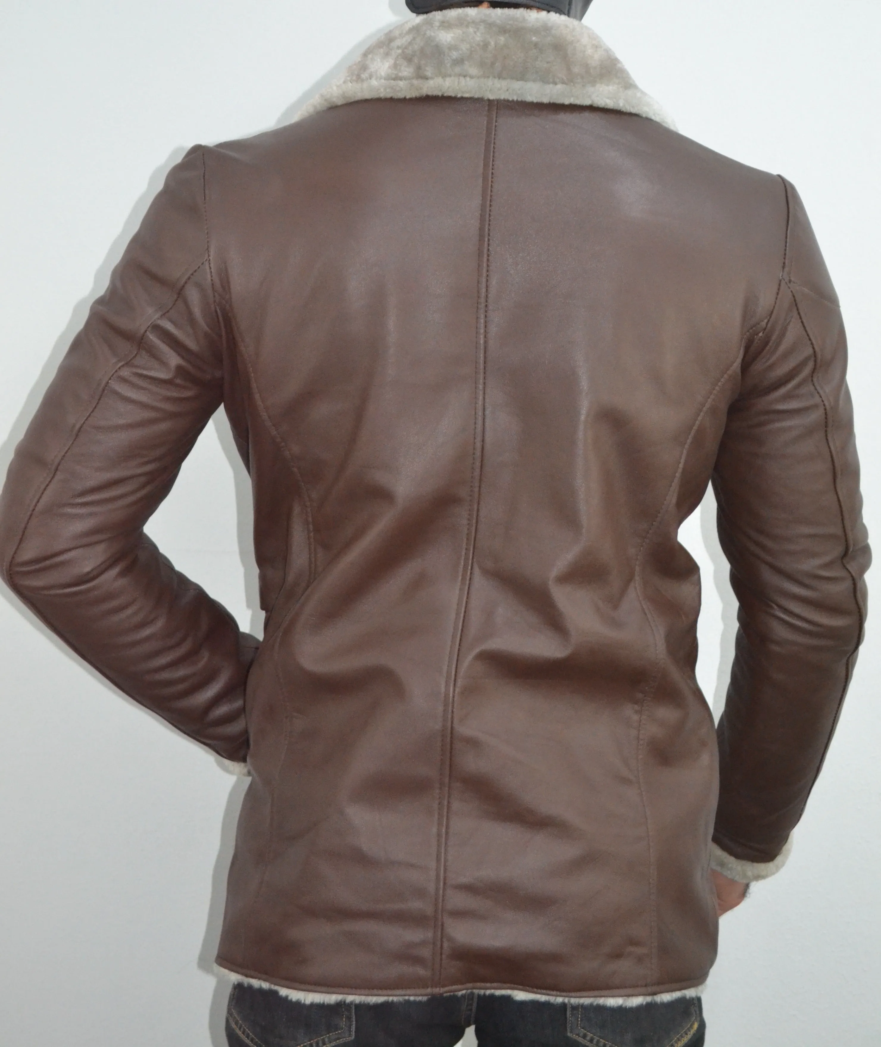 Men's Brown Fur Collar Slim Fit Leather Blazer Jacket