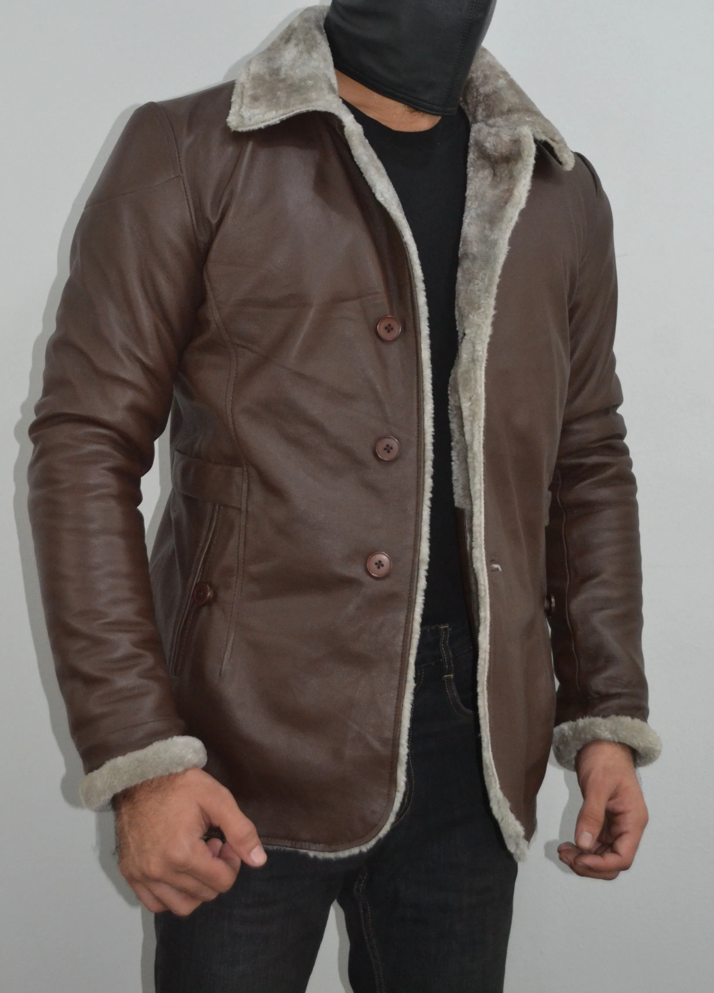 Men's Brown Fur Collar Slim Fit Leather Blazer Jacket