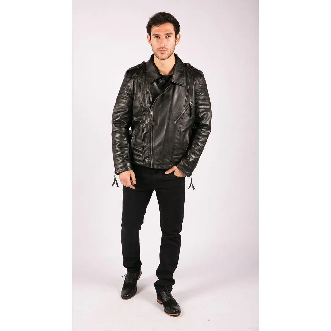 Mens Cross Zip Vintage Retro Biker Jacket Black Real Leather Urban Slim Fit