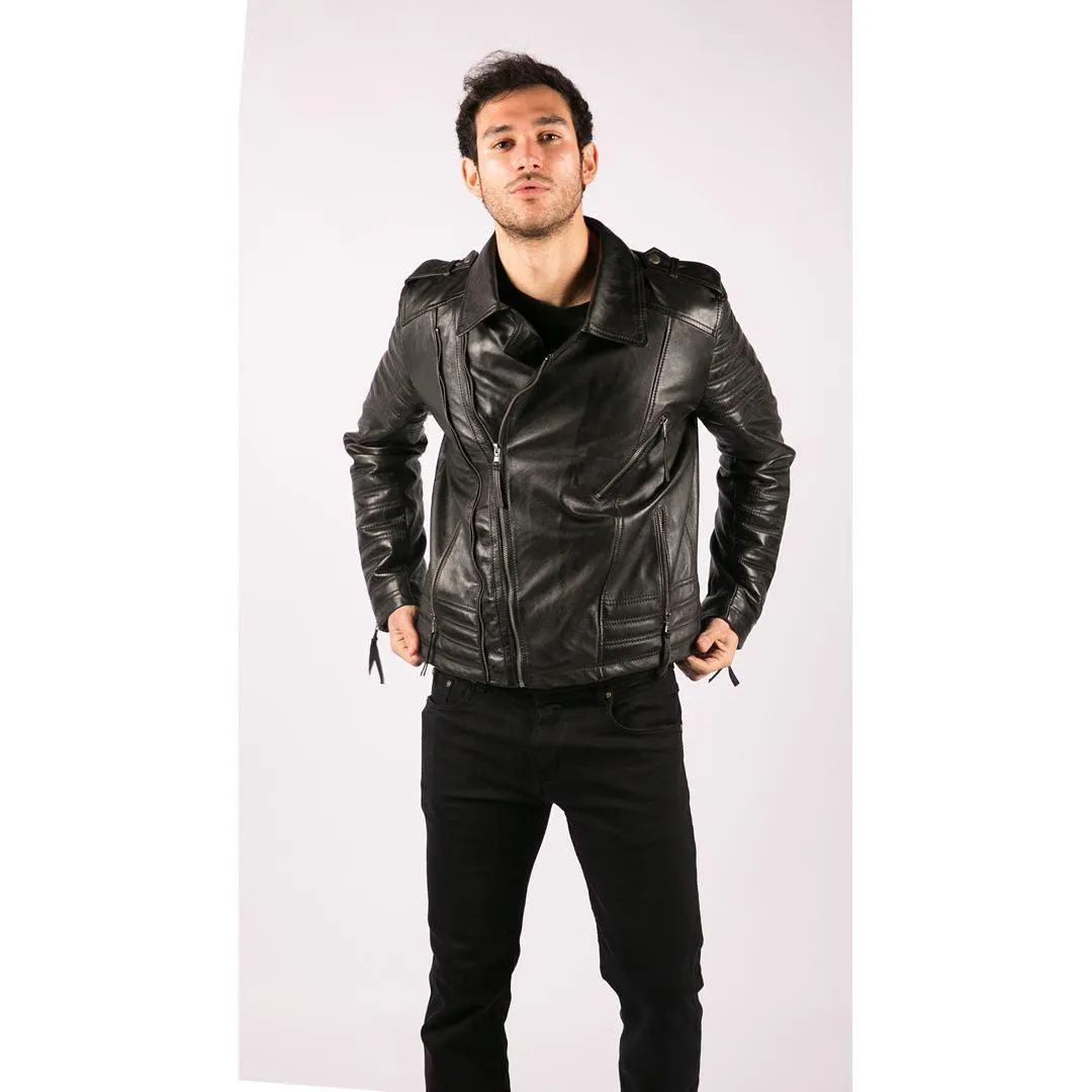 Mens Cross Zip Vintage Retro Biker Jacket Black Real Leather Urban Slim Fit