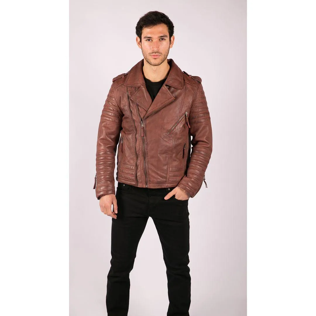 Mens Cross Zip Vintage Retro Biker Jacket Black Real Leather Urban Slim Fit