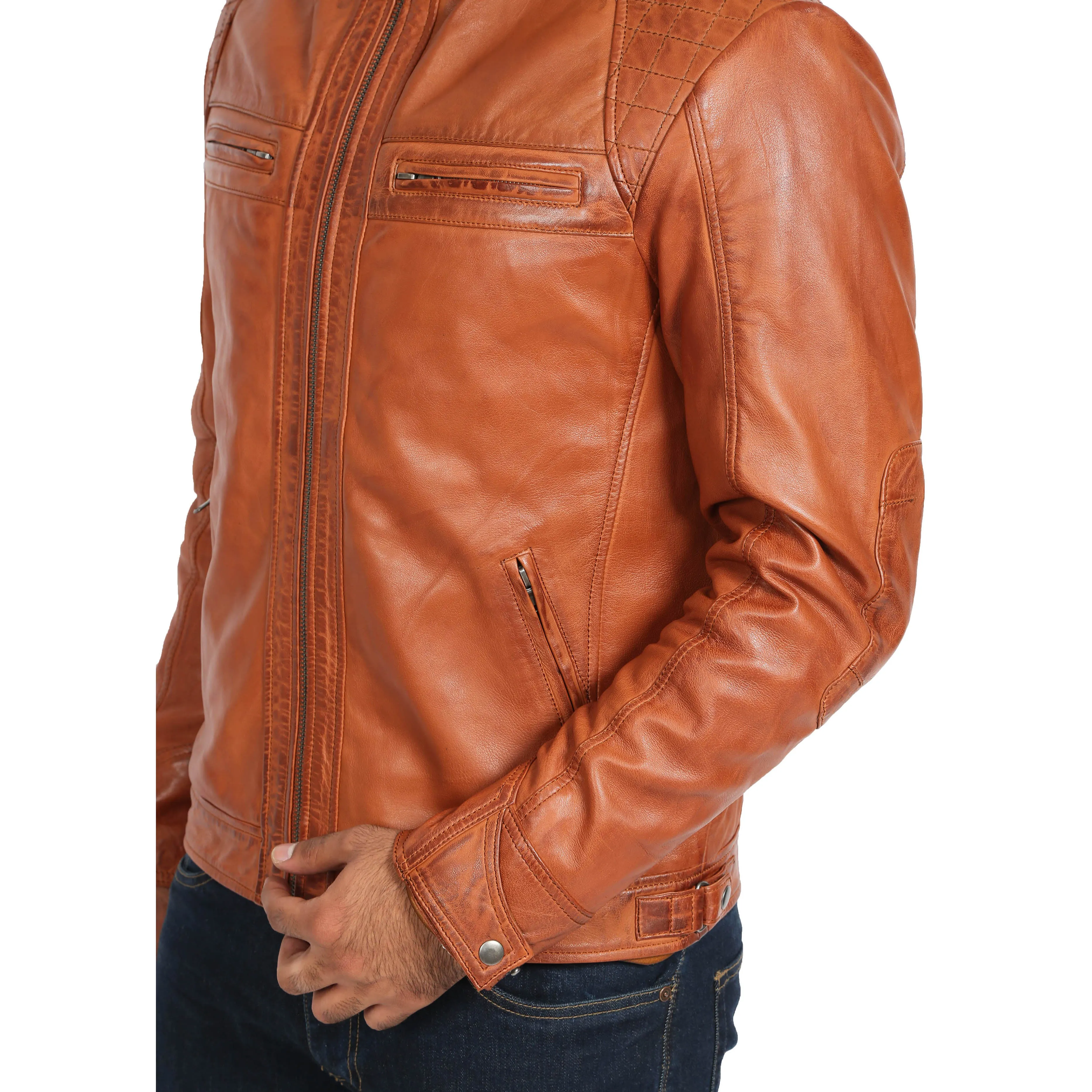 Mens Fitted Biker Leather Jacket Django Cognac