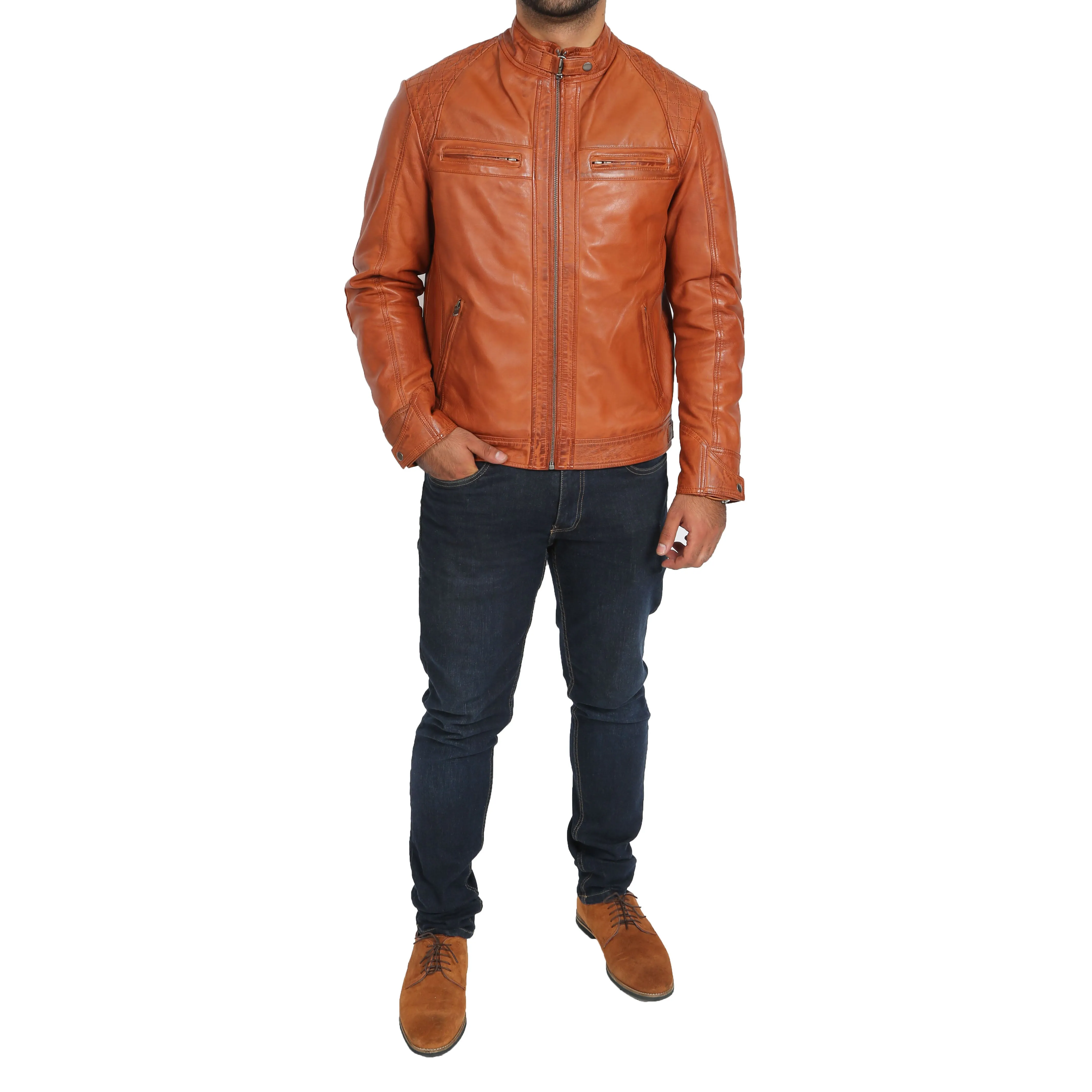 Mens Fitted Biker Leather Jacket Django Cognac