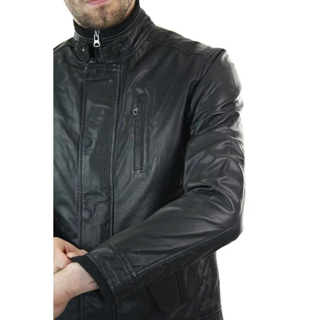 Mens Genuine Leather Zipped Vintage Black Smart Casual Jacket Short Coat Retro