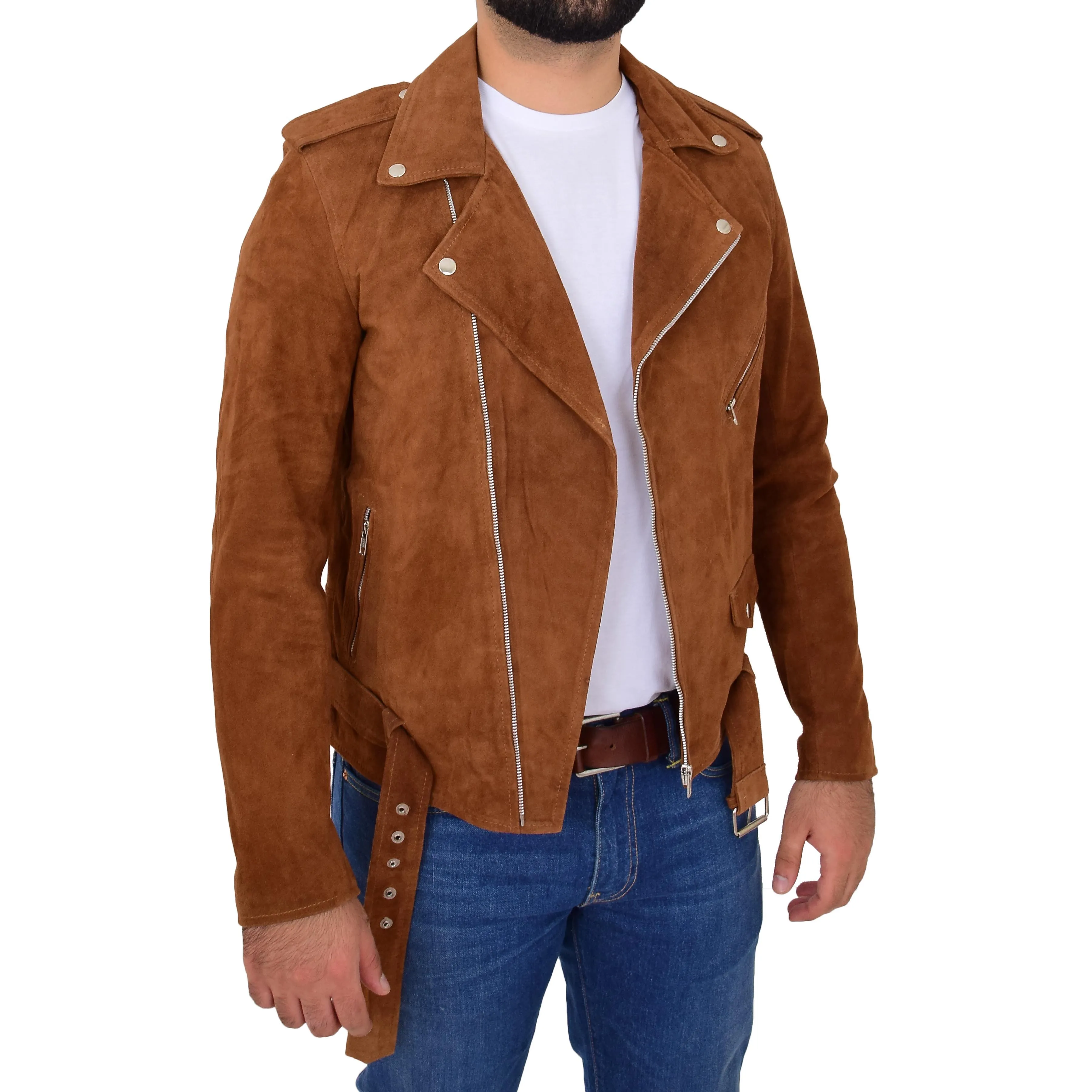 Mens Genuine Suede Leather Biker Jacket Jay Cognac