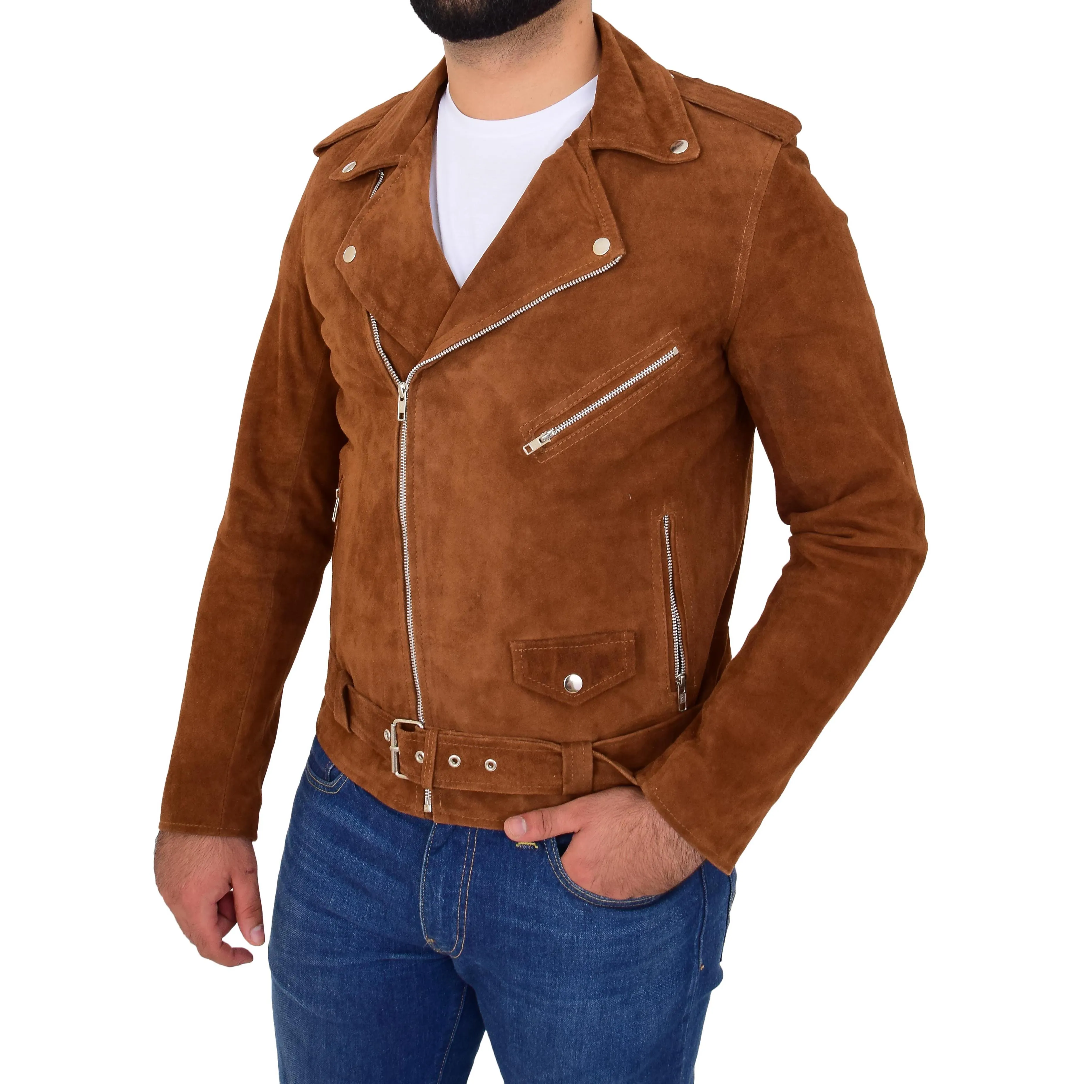 Mens Genuine Suede Leather Biker Jacket Jay Cognac