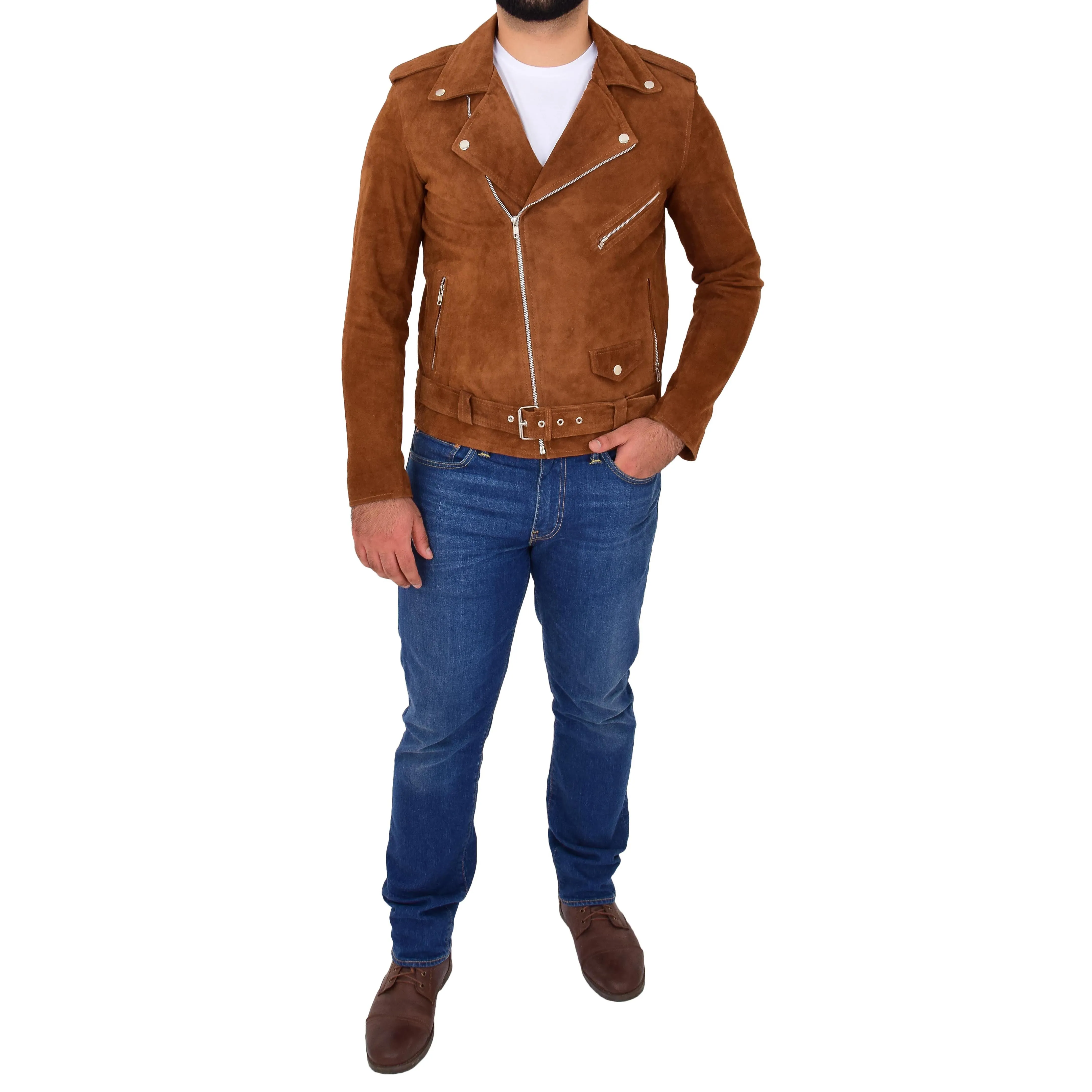 Mens Genuine Suede Leather Biker Jacket Jay Cognac