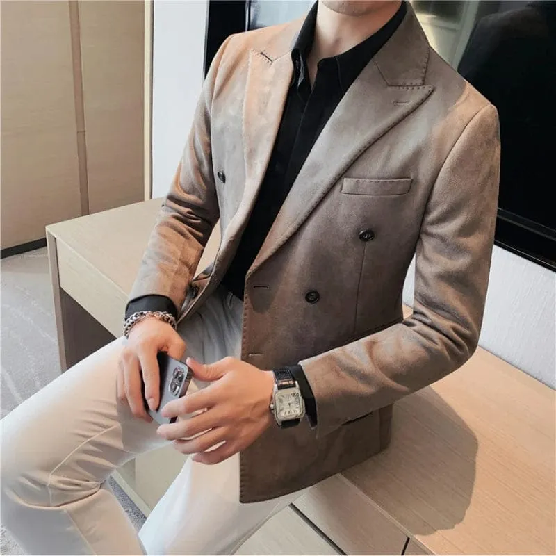 Men's High Quality Slim Fit Suit Blazer Leather Fleece Jacket