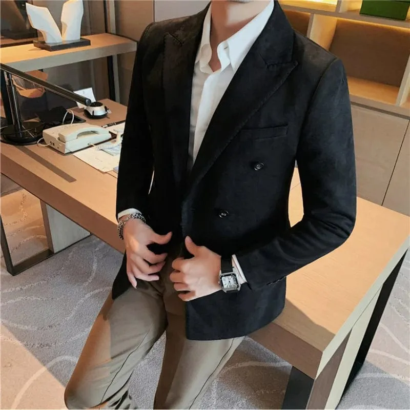 Men's High Quality Slim Fit Suit Blazer Leather Fleece Jacket