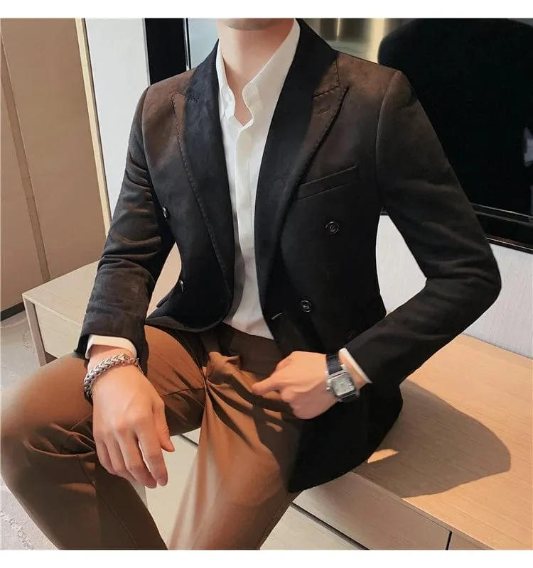 Men's High Quality Slim Fit Suit Blazer Leather Fleece Jacket