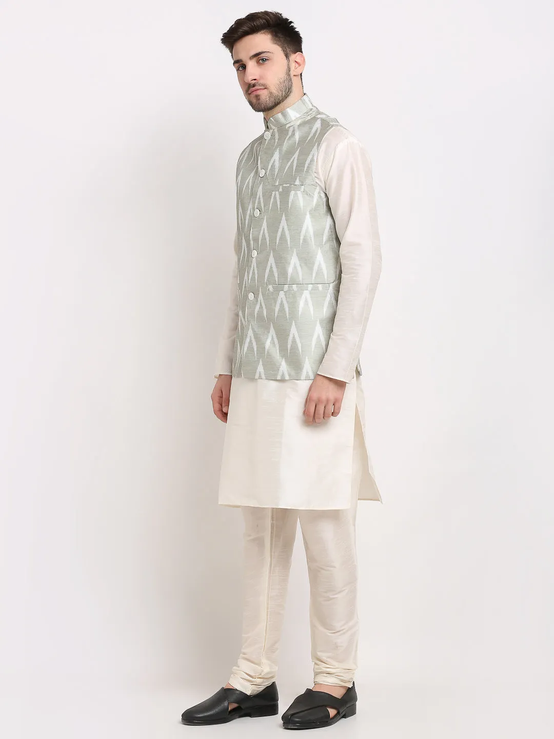 Men's Ikat Print Nehru Jacket & Kurta Pyjama ( JOKPWC W-D 4030Grey ) - Virat Fashions