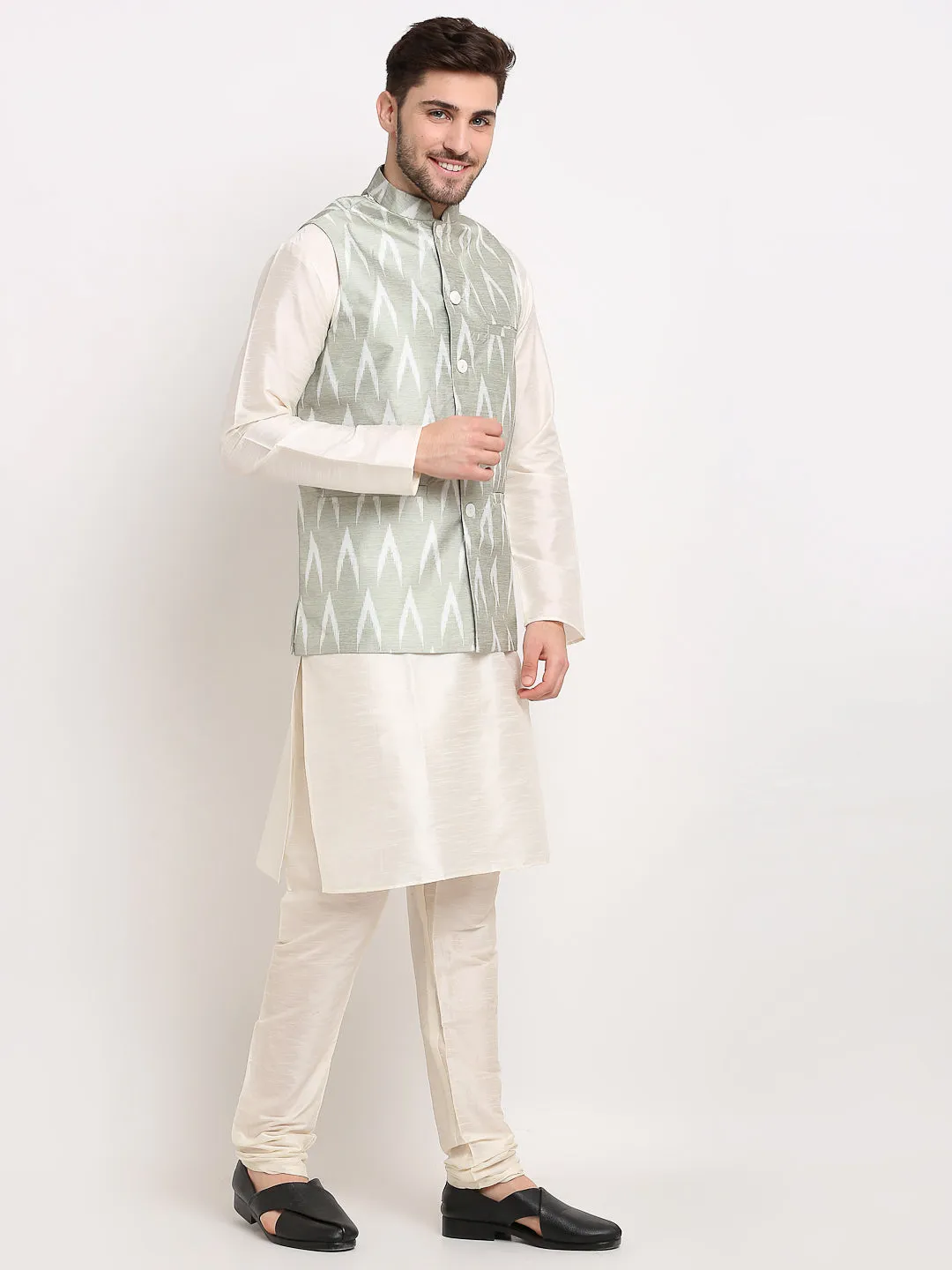 Men's Ikat Print Nehru Jacket & Kurta Pyjama ( JOKPWC W-D 4030Grey ) - Virat Fashions