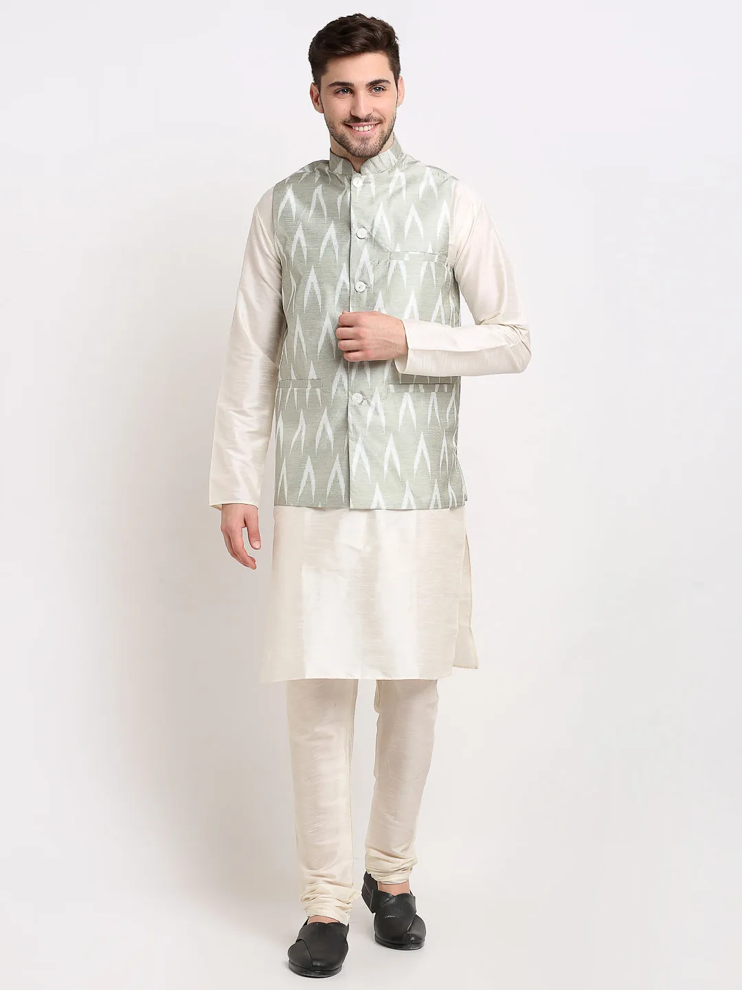 Men's Ikat Print Nehru Jacket & Kurta Pyjama ( JOKPWC W-D 4030Grey ) - Virat Fashions