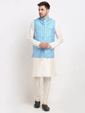 Men's Ikat Print Nehru Jacket & Kurta Pyjama ( JOKPWC W-D 4030Sky ) - Virat Fashions