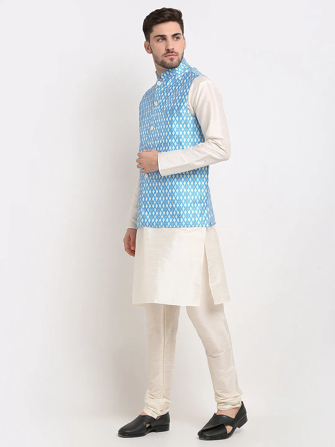 Men's Ikat Print Nehru Jacket & Kurta Pyjama ( JOKPWC W-D 4030Sky ) - Virat Fashions