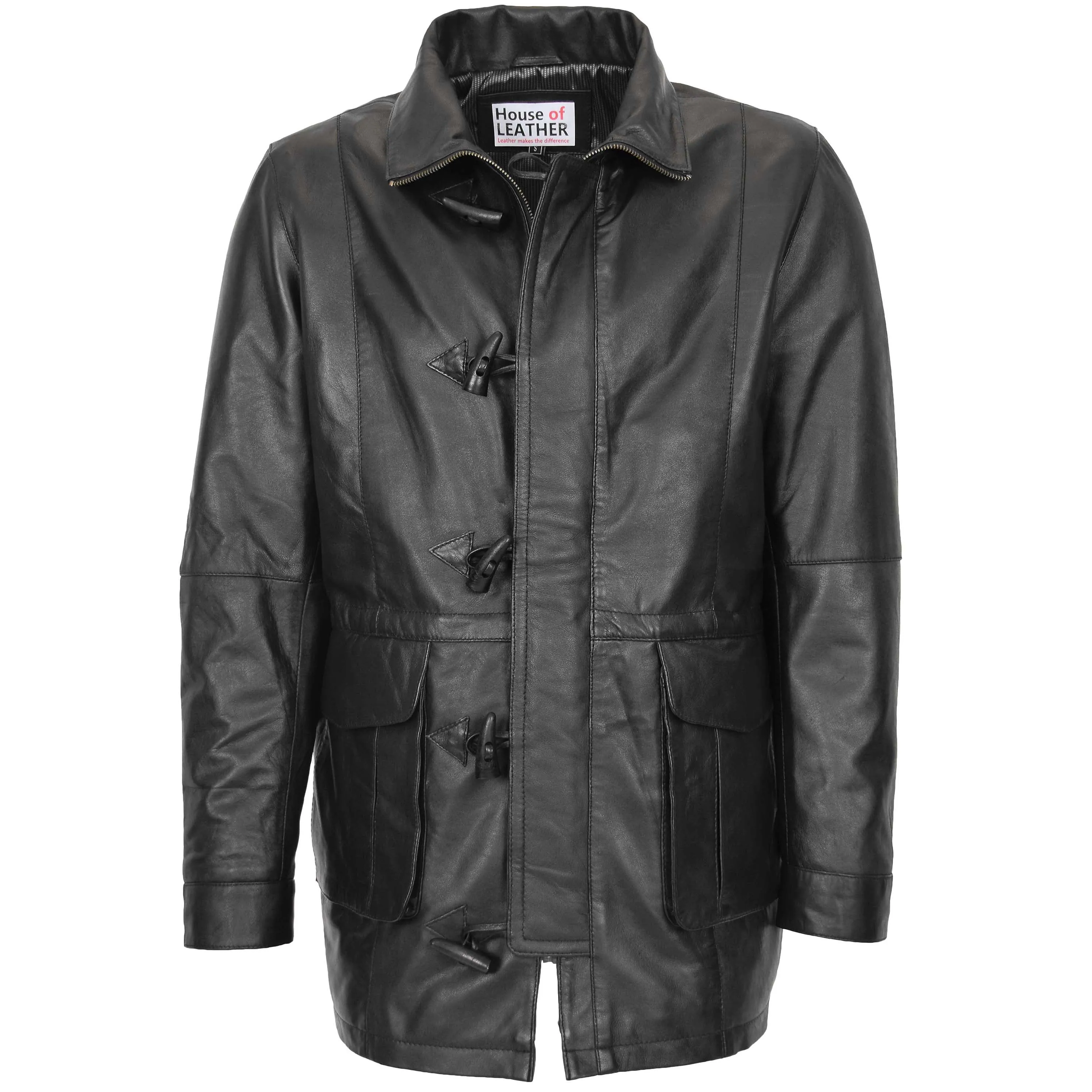 Mens Leather Duffle Coat with Hoodie Jack Black