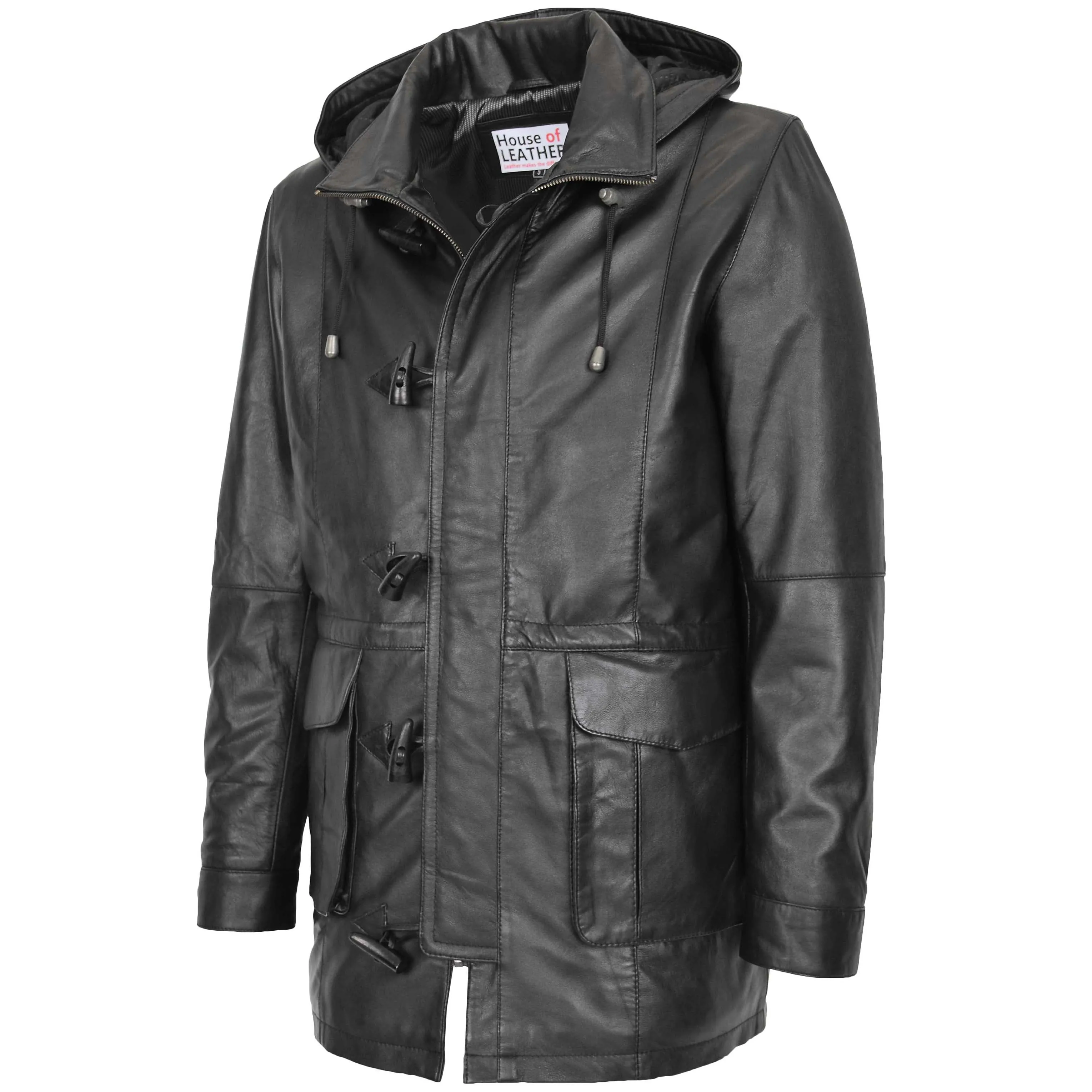 Mens Leather Duffle Coat with Hoodie Jack Black