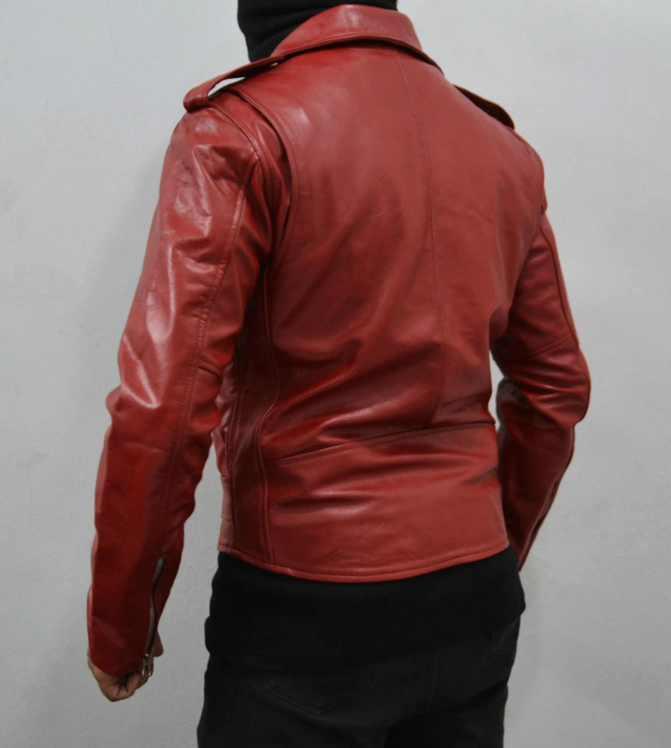 Men's Maroon Motorcycle Genuine Leather Slim-Fit Biker Jacket