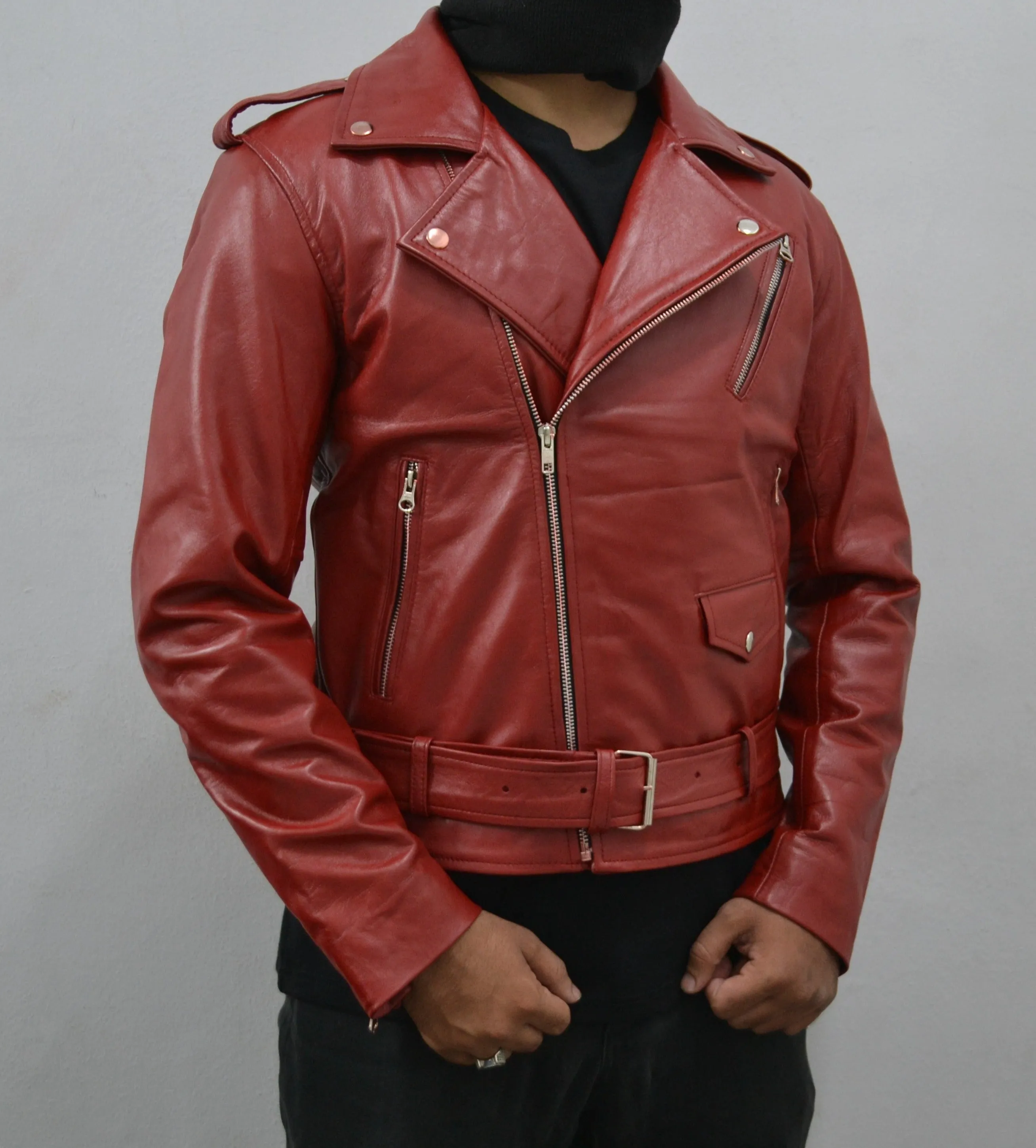 Men's Maroon Motorcycle Genuine Leather Slim-Fit Biker Jacket