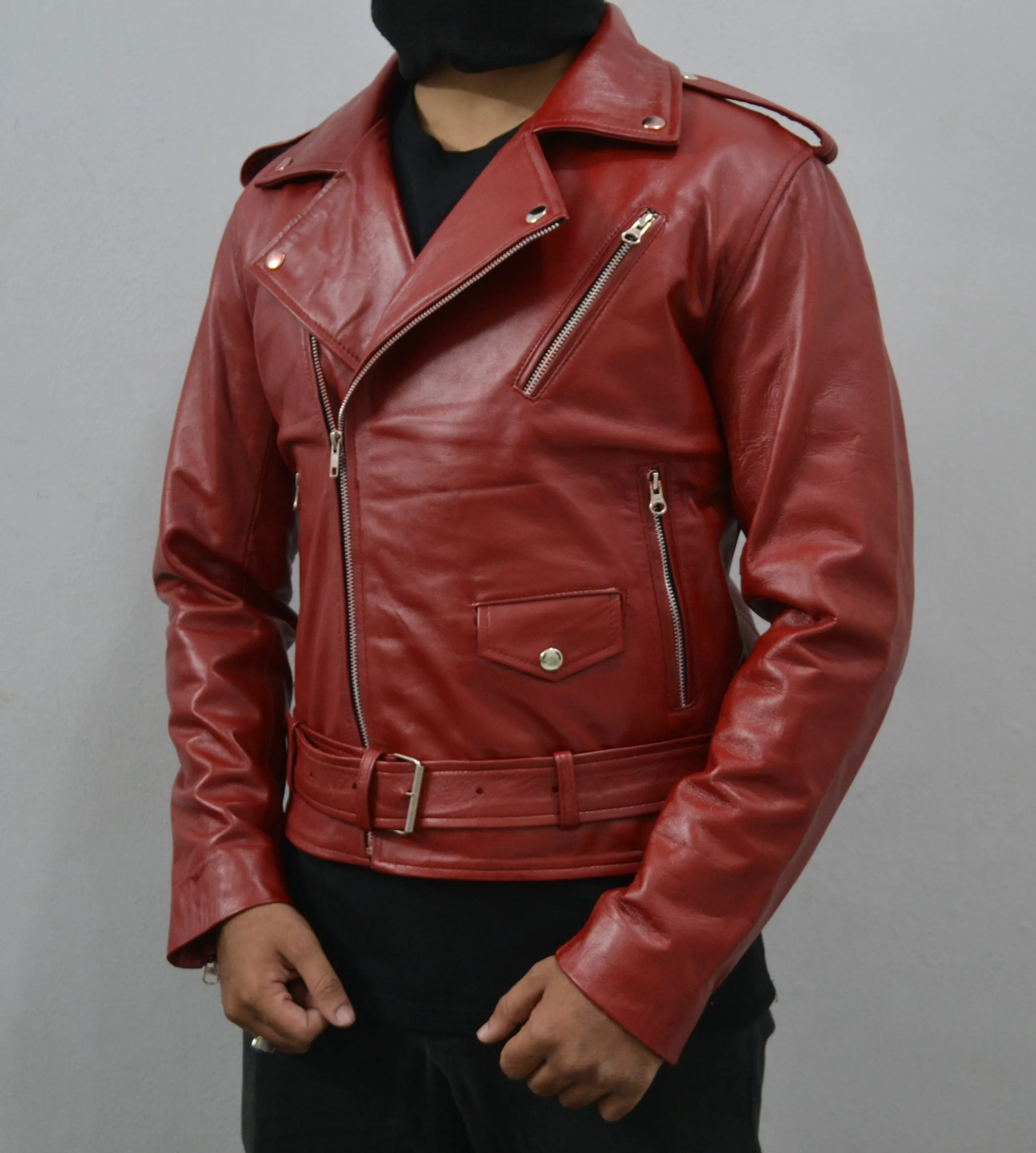 Men's Maroon Motorcycle Genuine Leather Slim-Fit Biker Jacket