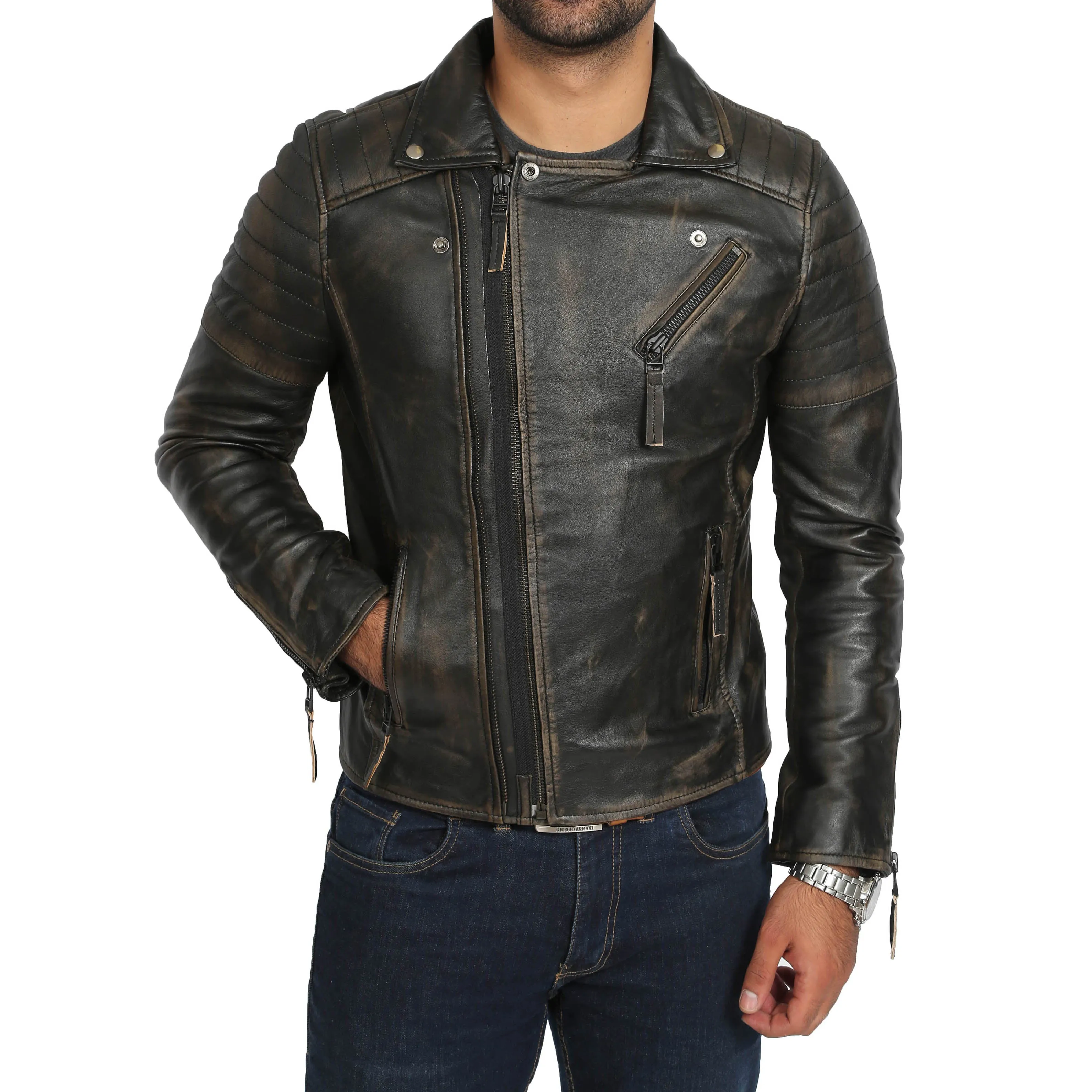 Mens Real Leather Biker Jacket Black Slim Fit Max Rub Off