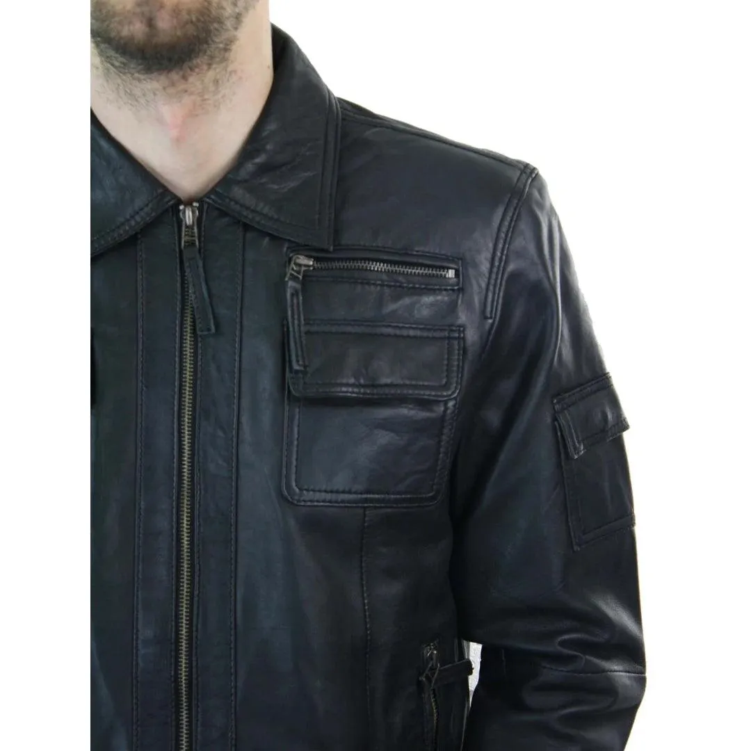 Mens Short Box Real Leather Jacket Black Vintage Slim Fit Retro Zipped Casual