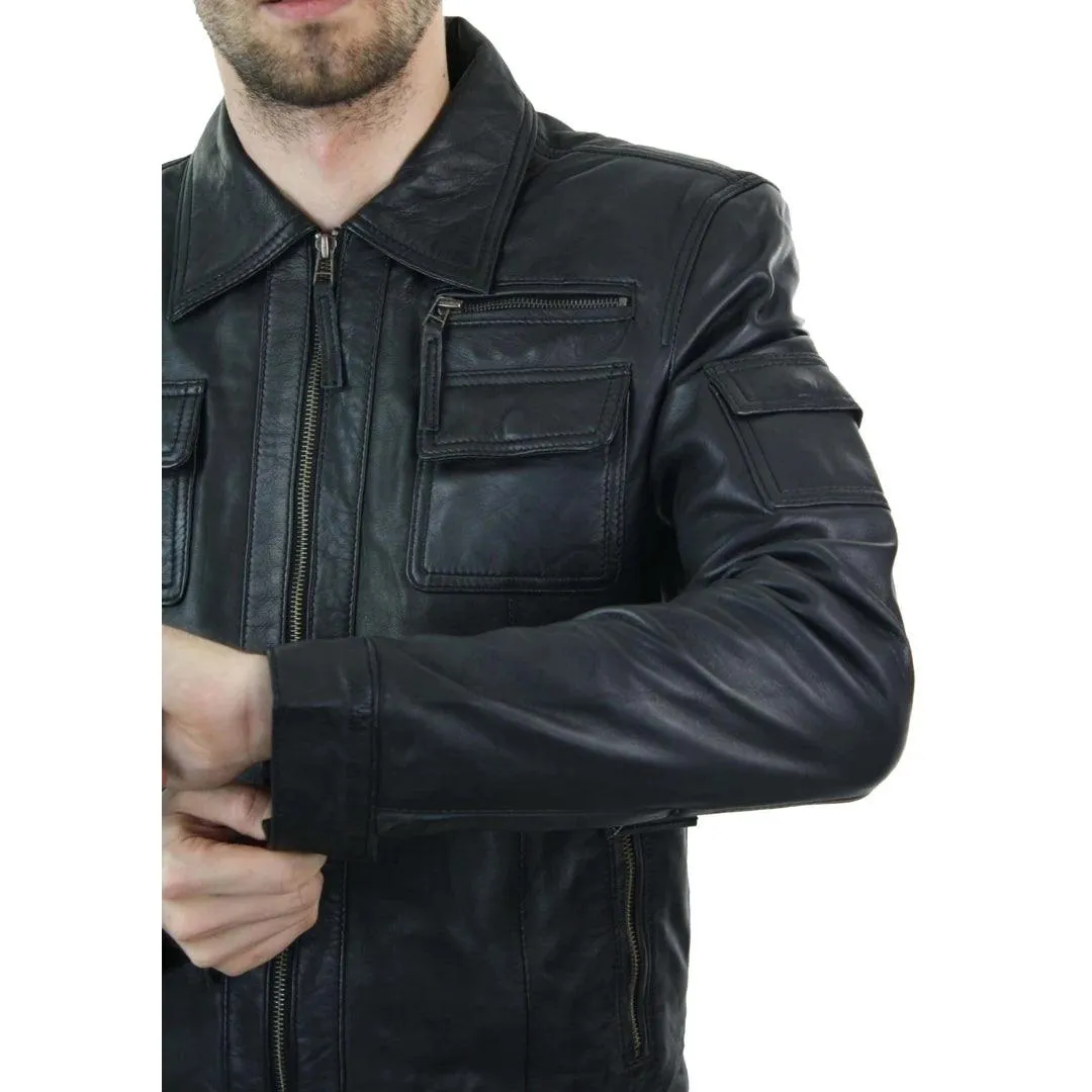 Mens Short Box Real Leather Jacket Black Vintage Slim Fit Retro Zipped Casual