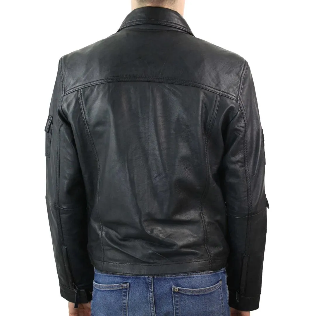 Mens Short Box Real Leather Jacket Black Vintage Slim Fit Retro Zipped Casual