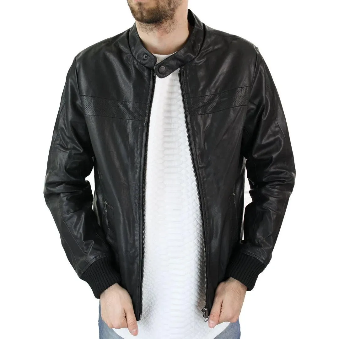 Mens Slim Fit Black Retro Smart Casual Real Leather Bomber Jacket Collarless