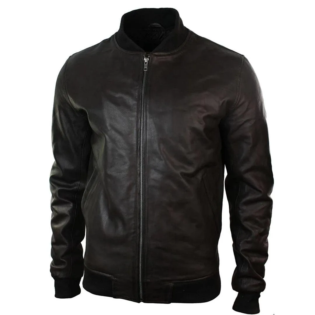 Mens Slim Fit Real Leather Black Varsity Bomber Jacket Classic Retro Black Brown