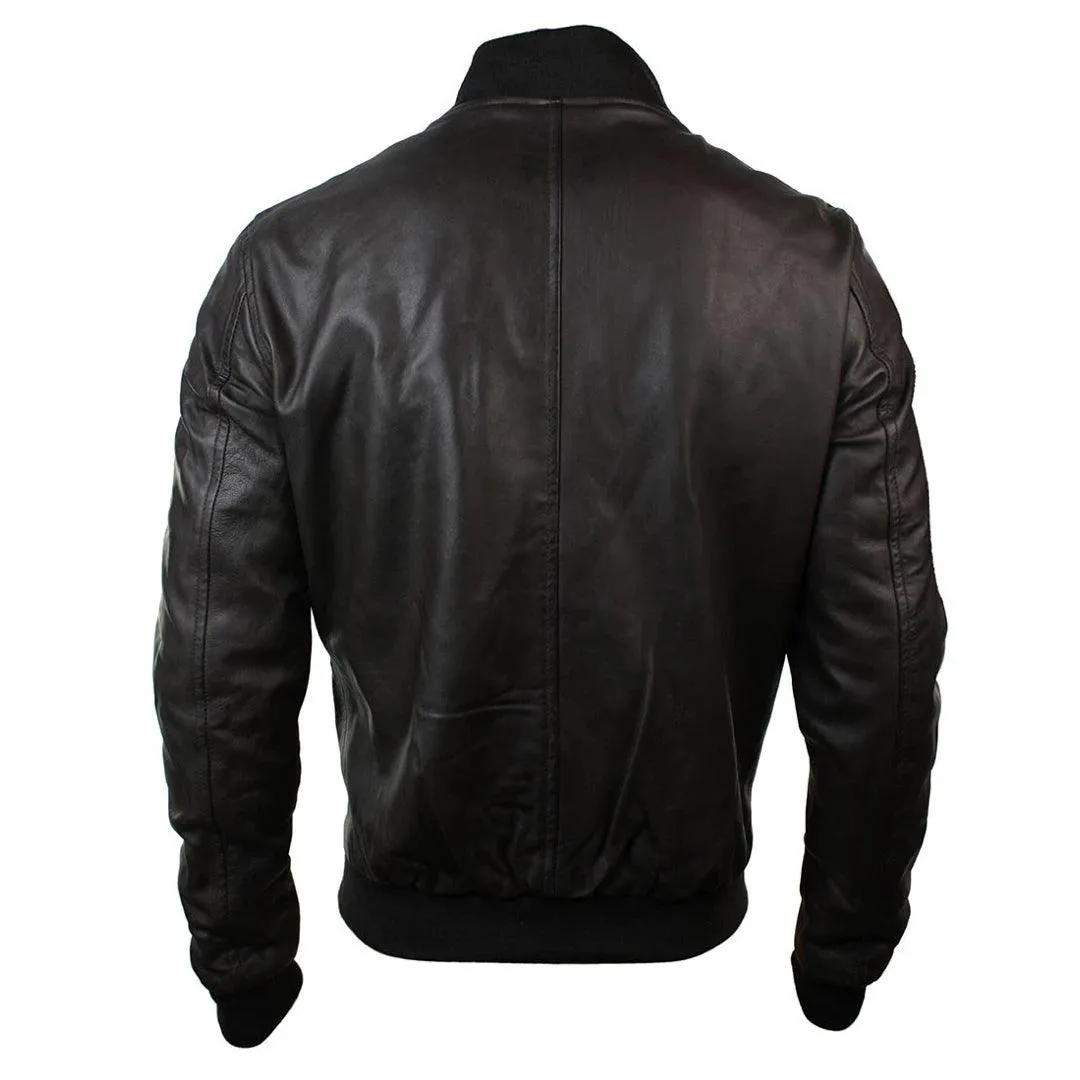 Mens Slim Fit Real Leather Black Varsity Bomber Jacket Classic Retro Black Brown