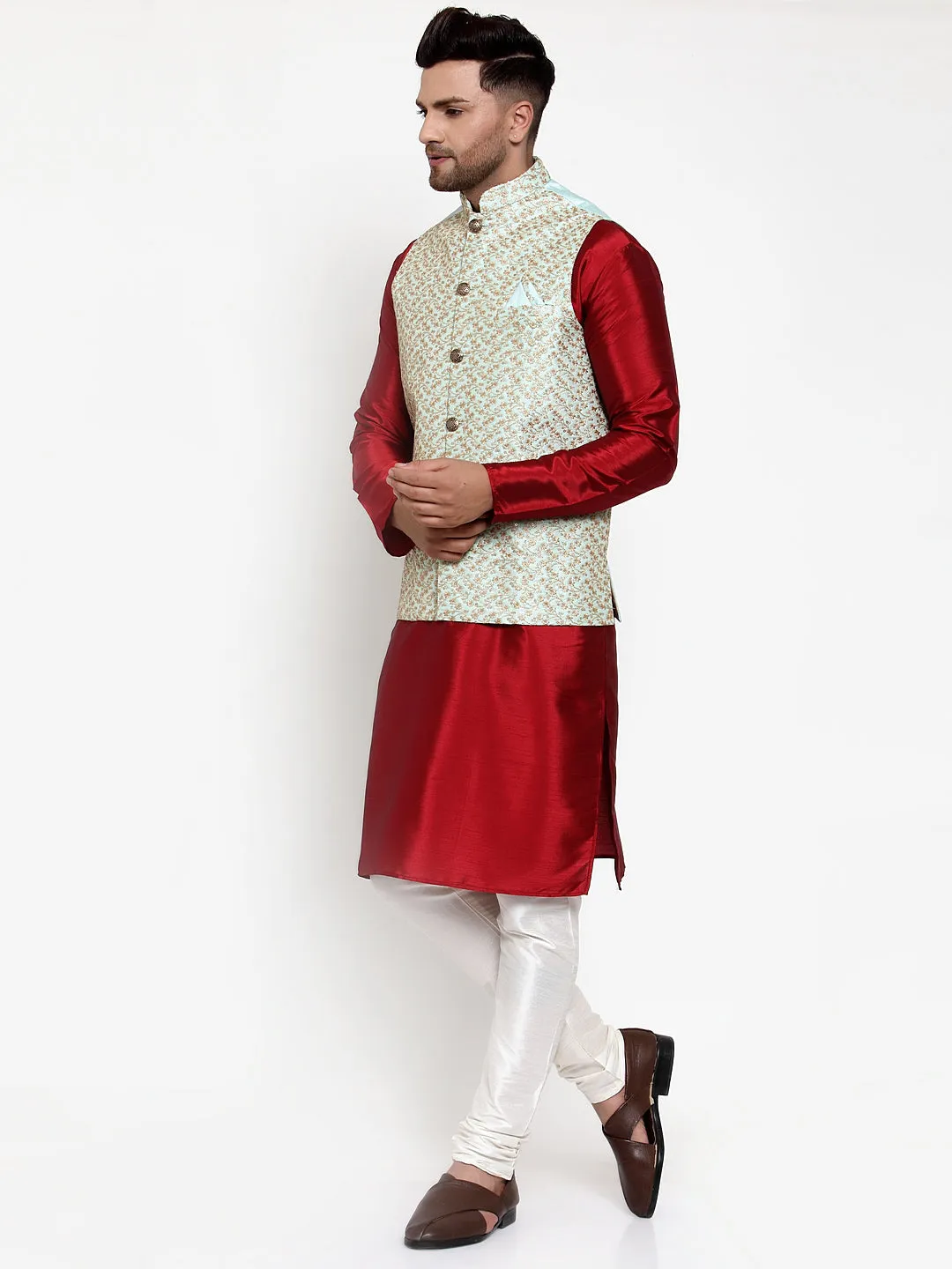 Men's Solid Dupion Kurta Pajama with Embroidered Nehru Jacket ( JOKPWC M-D 4016Sky ) - Virat Fashions