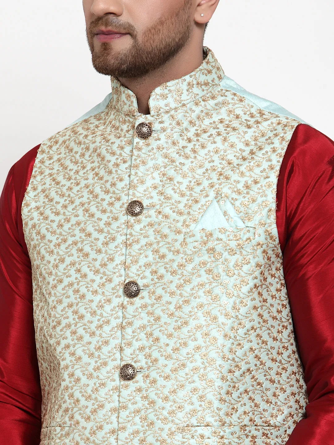 Men's Solid Dupion Kurta Pajama with Embroidered Nehru Jacket ( JOKPWC M-D 4016Sky ) - Virat Fashions