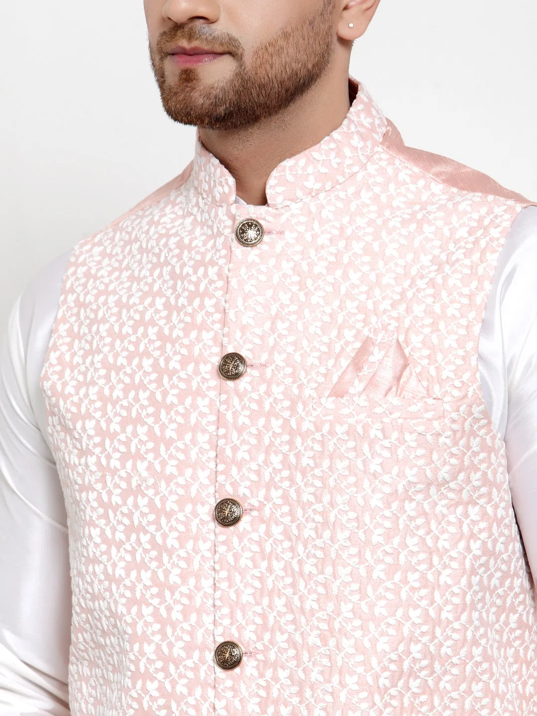 Men's Solid Dupion Kurta Pajama with Embroidered Nehru Jacket ( JOKPWC OW-D 4012Pink ) - Virat Fashions