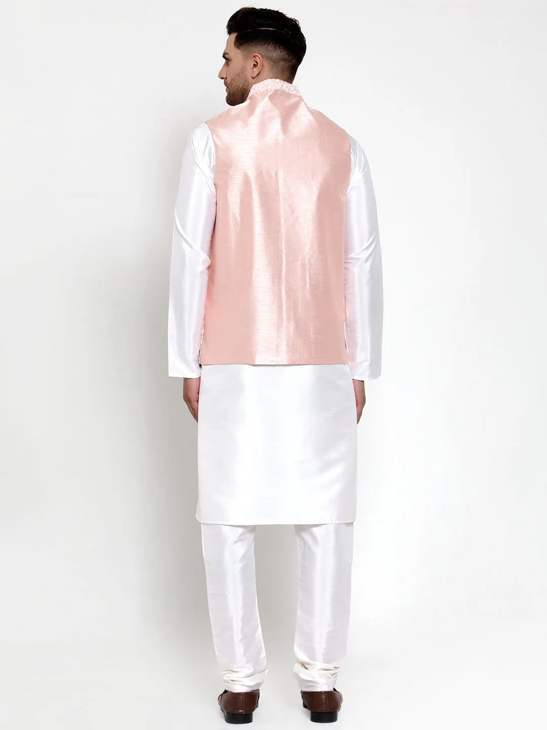 Men's Solid Dupion Kurta Pajama with Embroidered Nehru Jacket ( JOKPWC OW-D 4012Pink ) - Virat Fashions