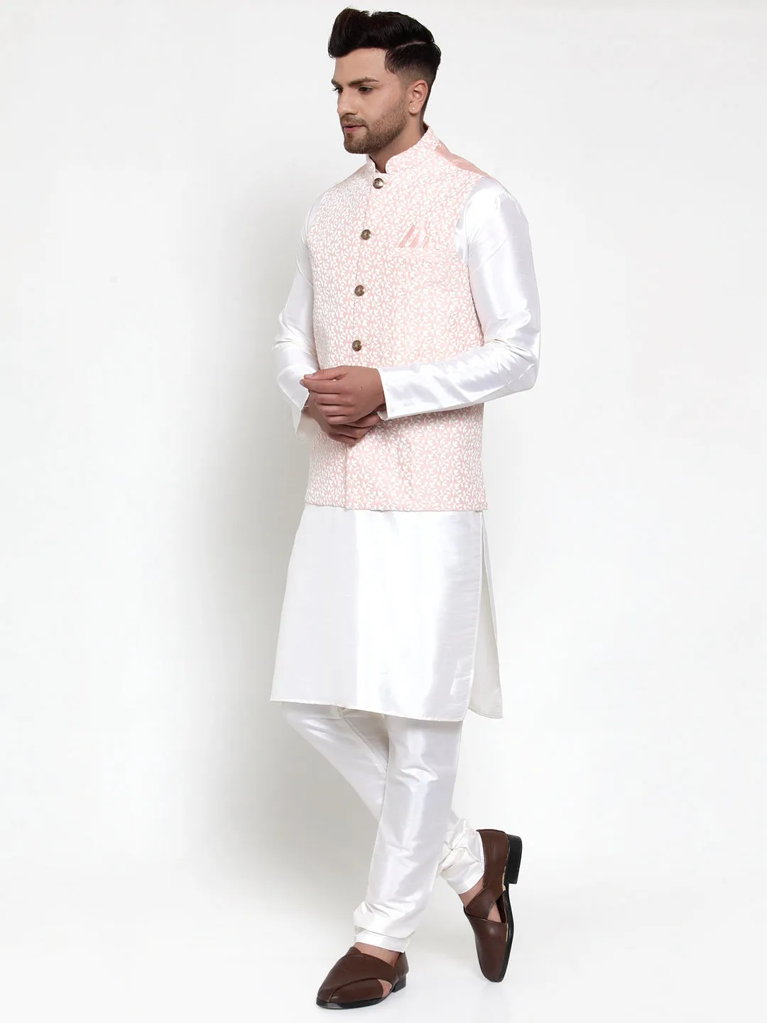 Men's Solid Dupion Kurta Pajama with Embroidered Nehru Jacket ( JOKPWC OW-D 4012Pink ) - Virat Fashions