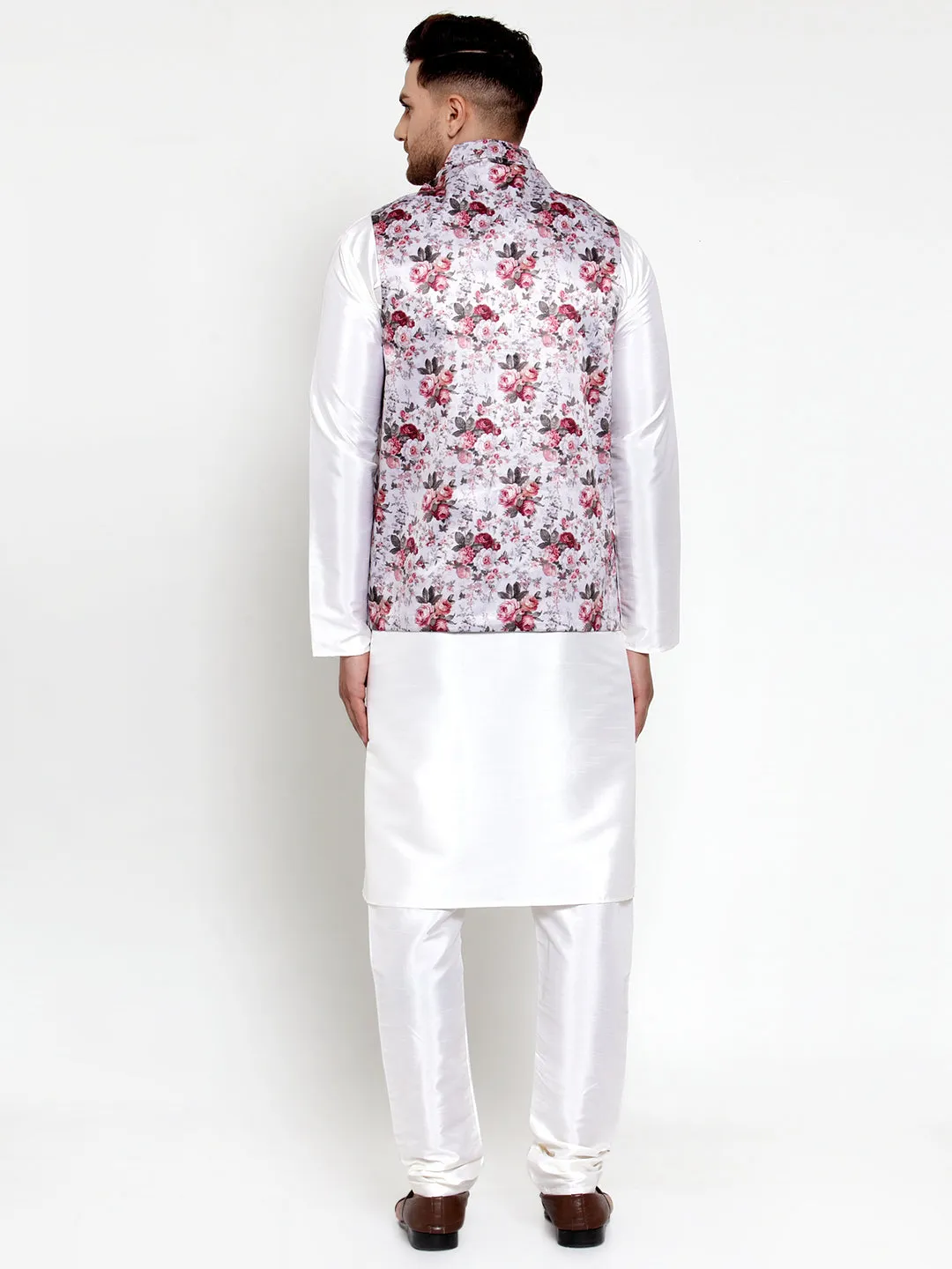 Men's Solid Dupion Kurta Pajama with Printed Nehru Jacket ( JOKPWC OW-D 4014Silver ) - Virat Fashions