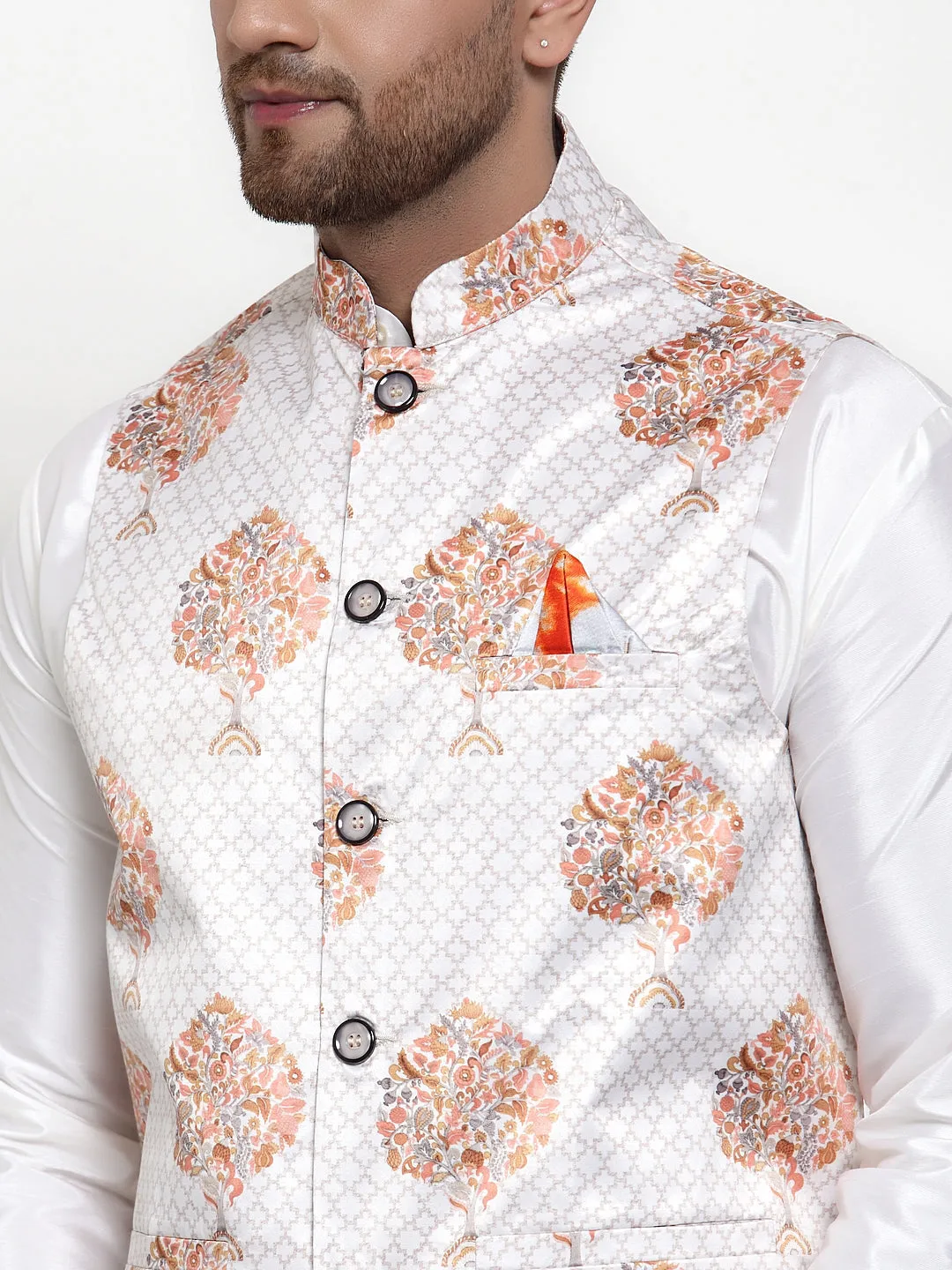 Men's Solid Dupion Kurta Pajama with Printed Nehru Jacket ( JOKPWC OW-D 4014White ) - Virat Fashions