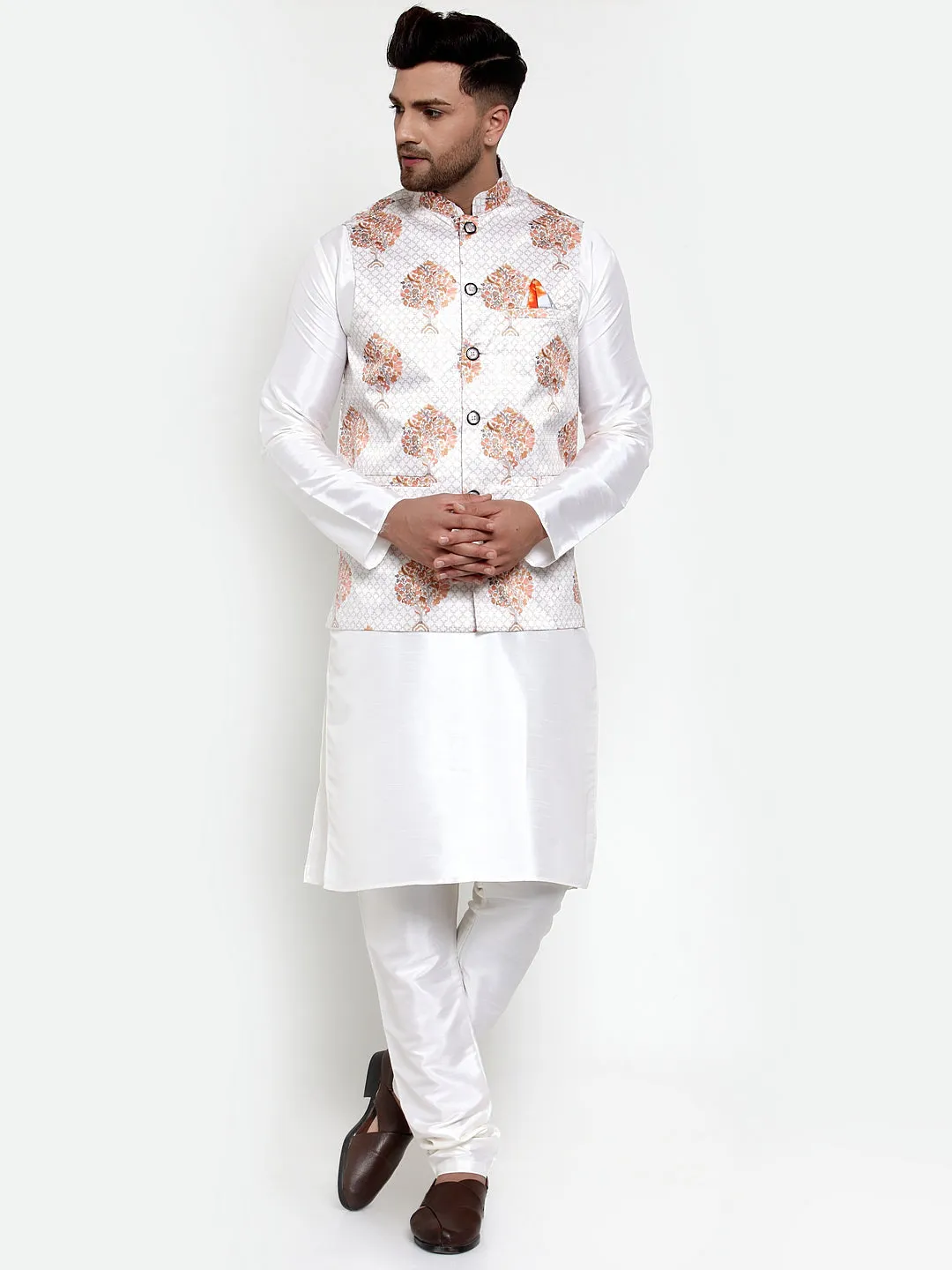 Men's Solid Dupion Kurta Pajama with Printed Nehru Jacket ( JOKPWC OW-D 4014White ) - Virat Fashions