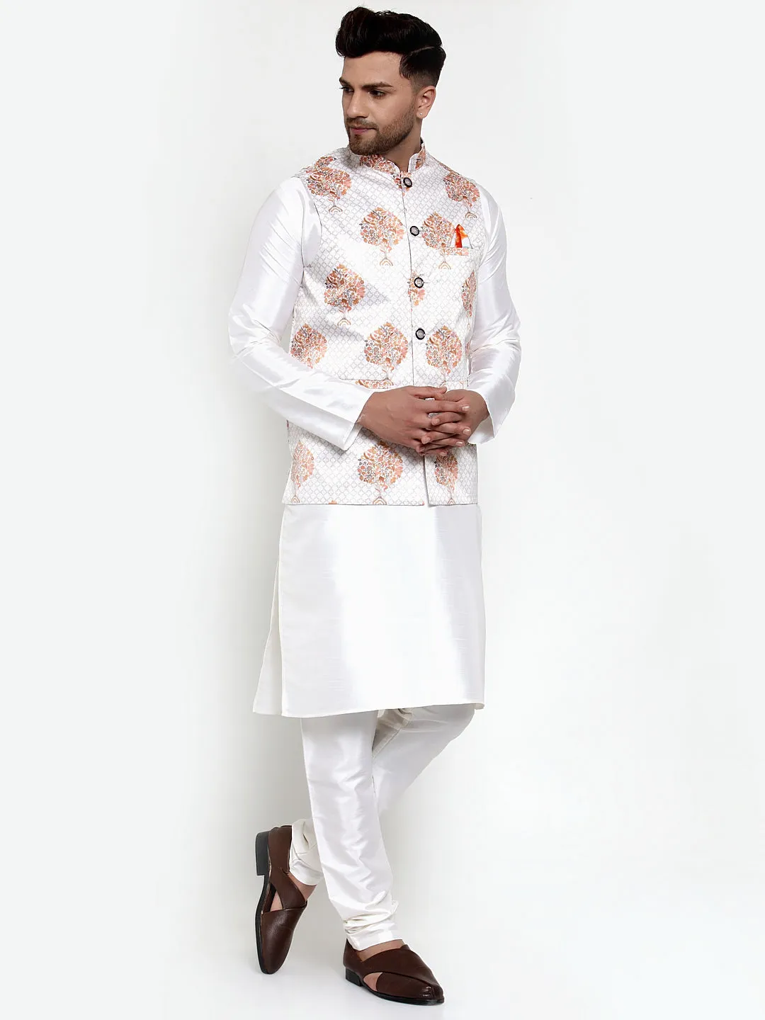 Men's Solid Dupion Kurta Pajama with Printed Nehru Jacket ( JOKPWC OW-D 4014White ) - Virat Fashions