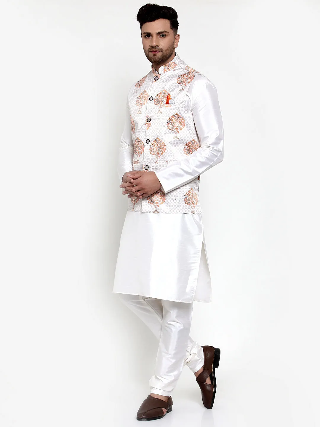 Men's Solid Dupion Kurta Pajama with Printed Nehru Jacket ( JOKPWC OW-D 4014White ) - Virat Fashions