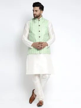 Men's Solid White Dupion Kurta Payjama with Embroidered Waistcoat ( JOKPWC OW-D 4023 Green ) - Virat Fashions