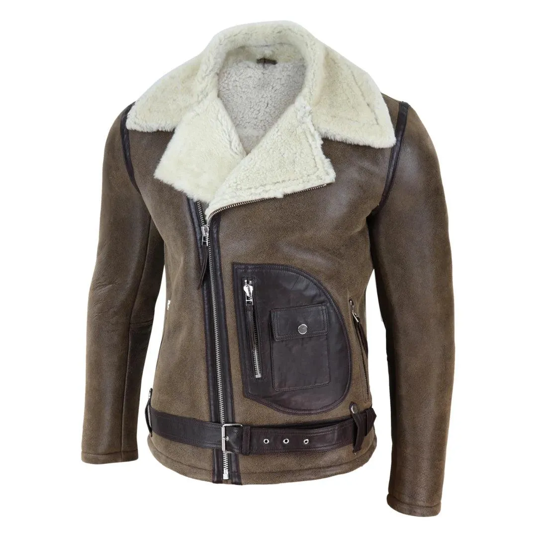 Mens Vintage Real Sheepskin Cross Zip Flying Jacket Pilot Flight Belt Fit Brando