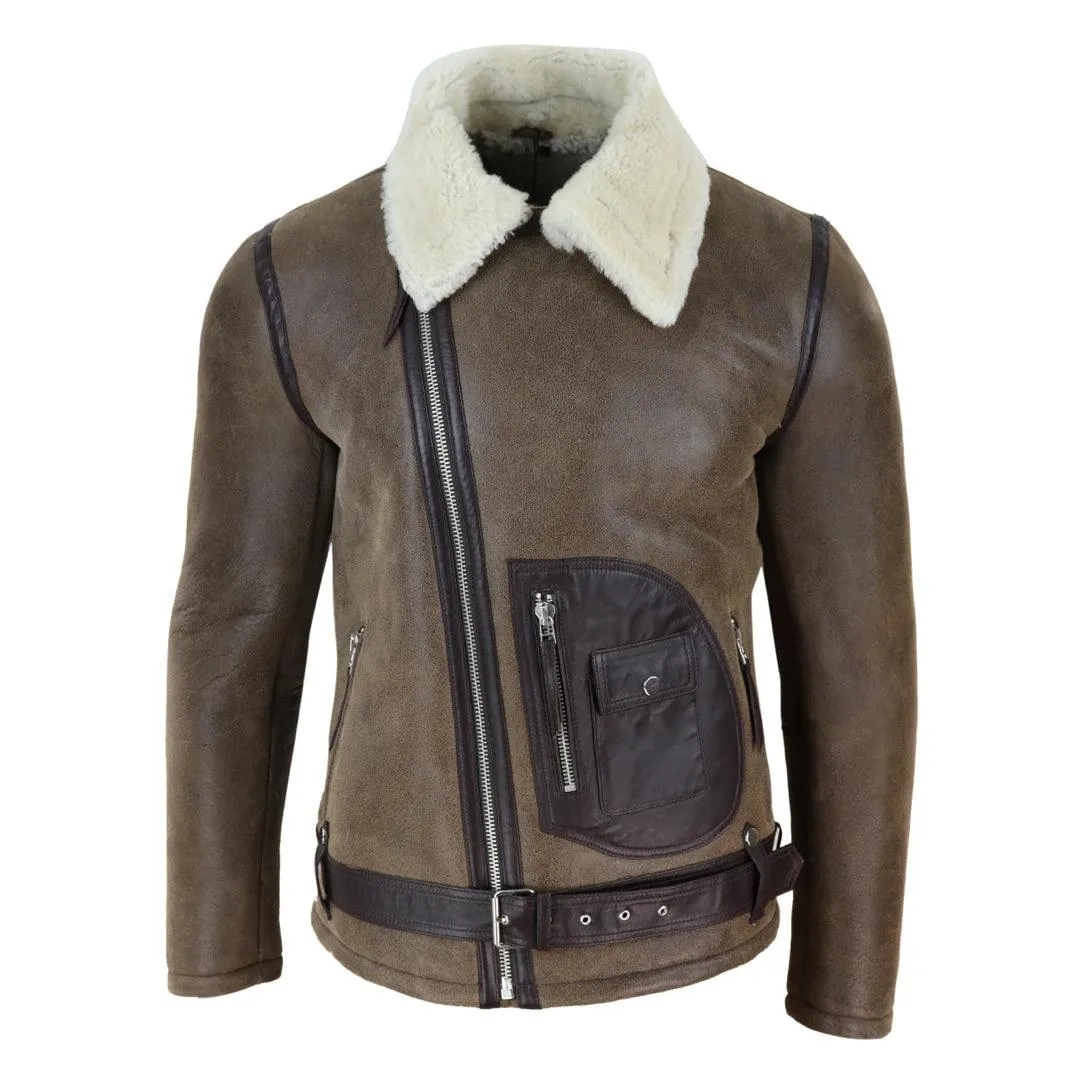 Mens Vintage Real Sheepskin Cross Zip Flying Jacket Pilot Flight Belt Fit Brando