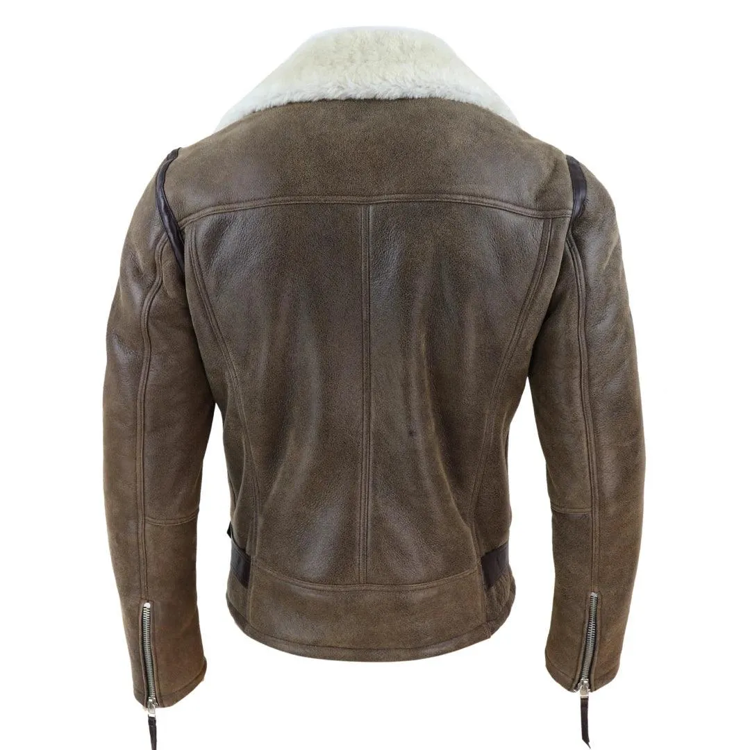 Mens Vintage Real Sheepskin Cross Zip Flying Jacket Pilot Flight Belt Fit Brando