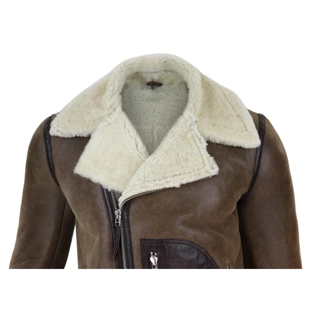 Mens Vintage Real Sheepskin Cross Zip Flying Jacket Pilot Flight Belt Fit Brando