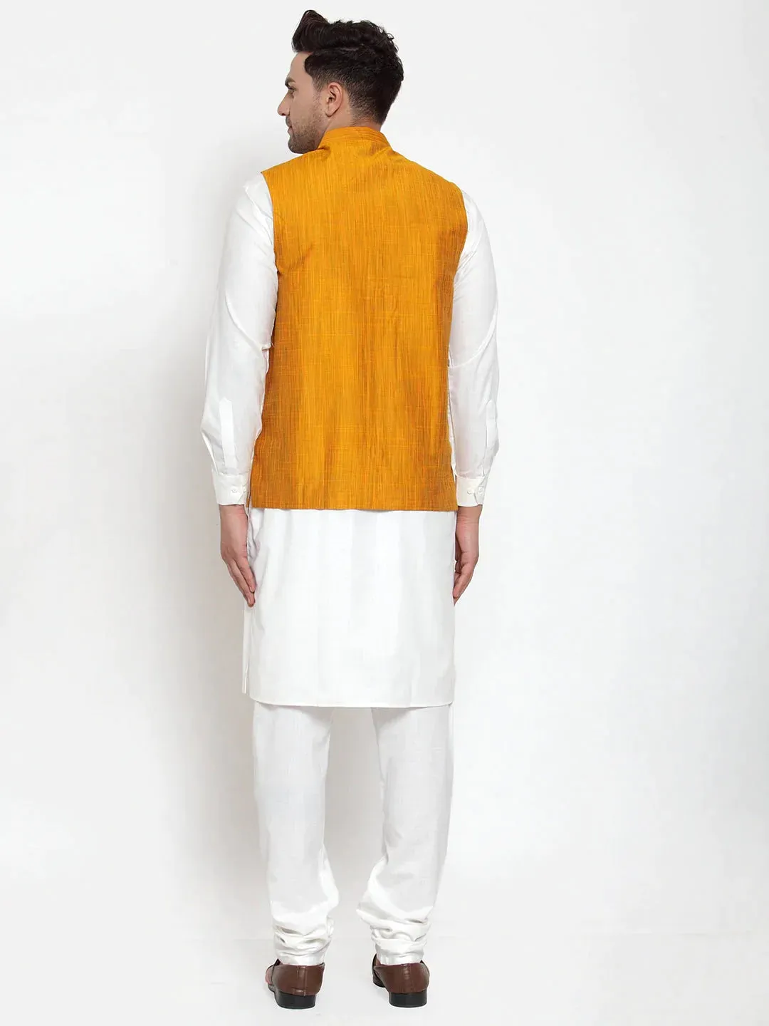 Men'S White Solid Kurta With Pyjamas & Yellow Nehru Jacket