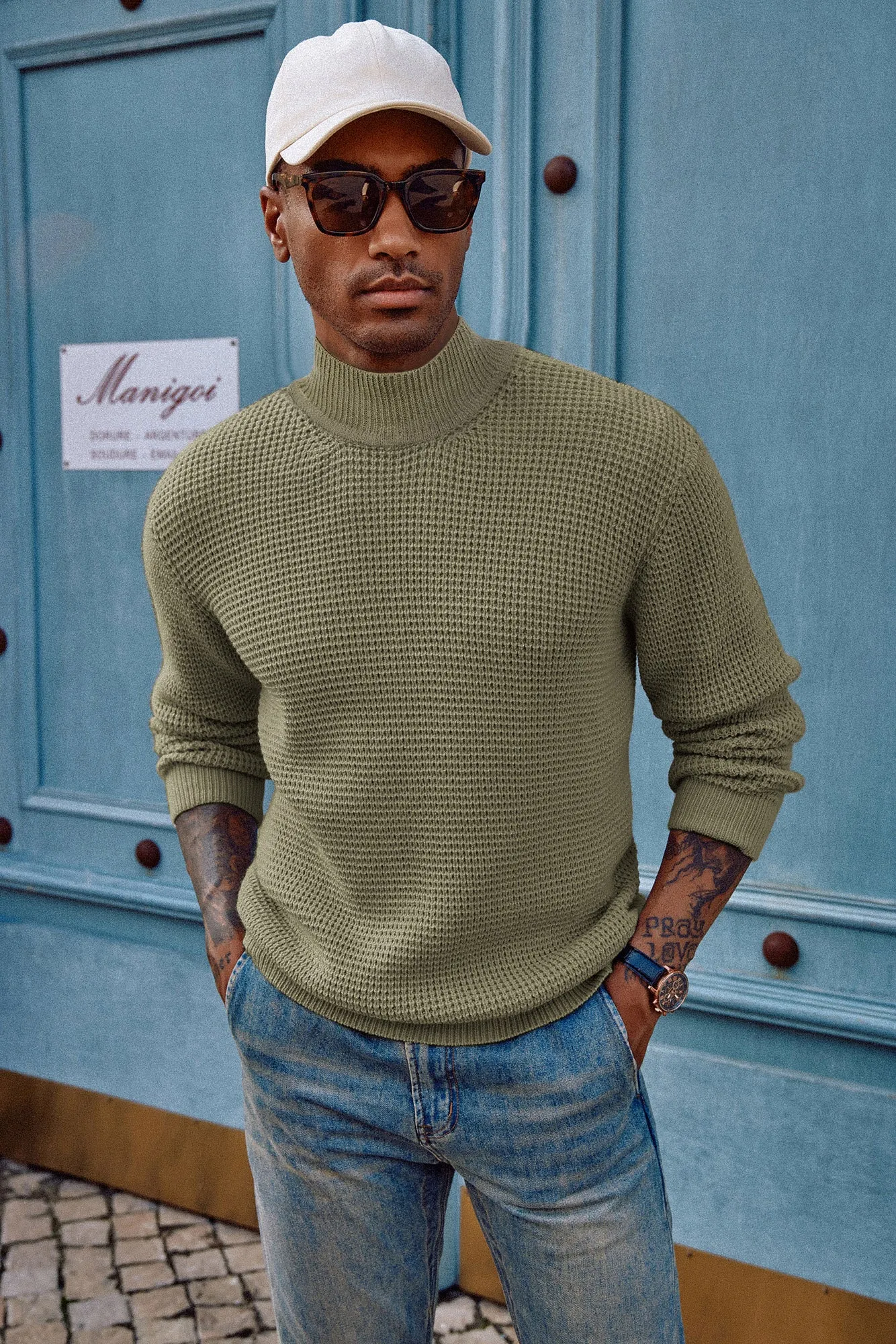 Mock Neck Sweaters Waffle Cable Knit Pullover Sweater