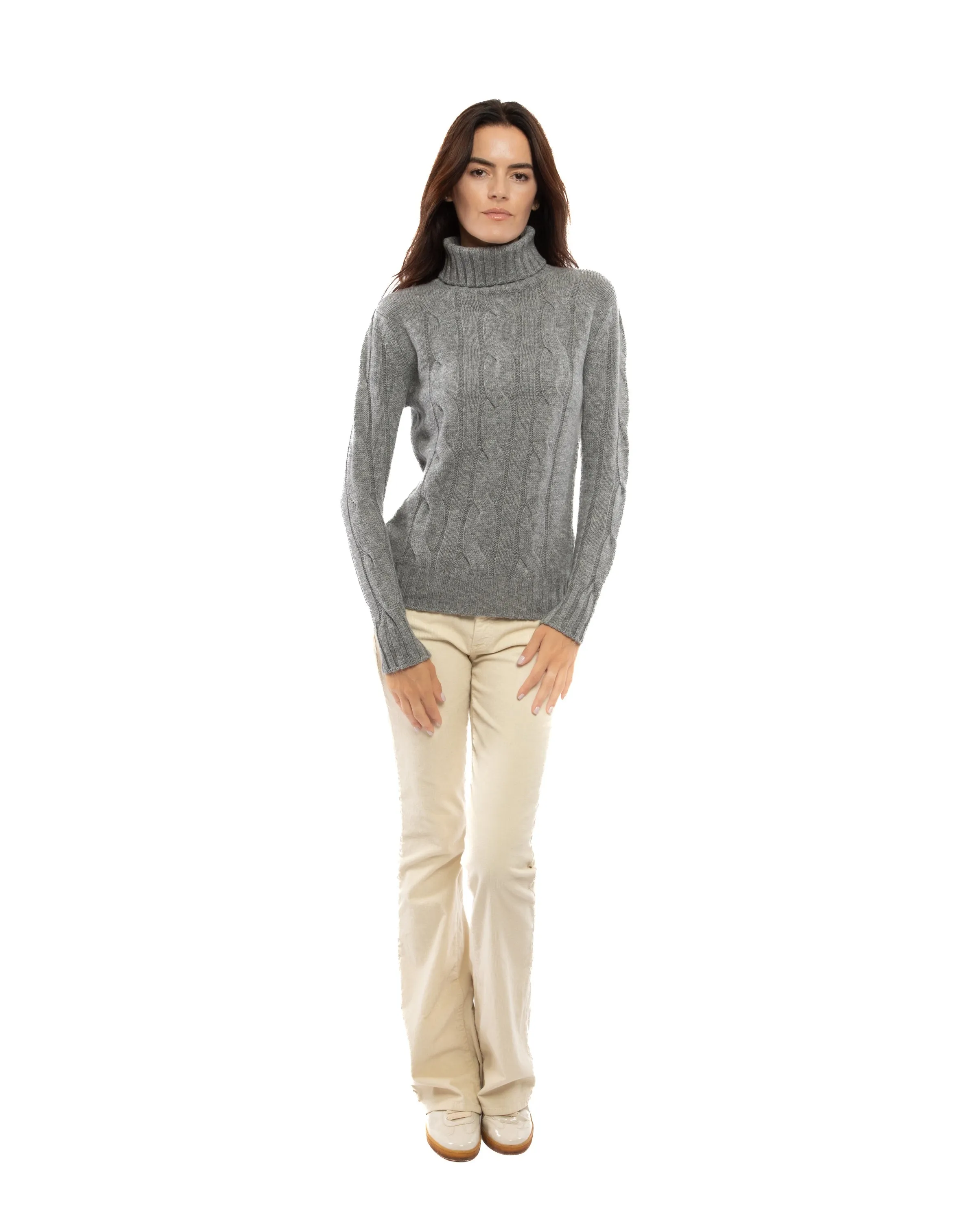 NEW FALL 24 - Women's Pure Cashmere Cable Knit Turtleneck Sweater Off White